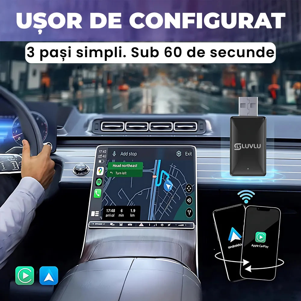 Adaptor Wireless CarPlay & Android Auto LUVLU - WiFi 6, BT 5.4, Plug & Play - adaptor carplay wireless - LUVLU®
