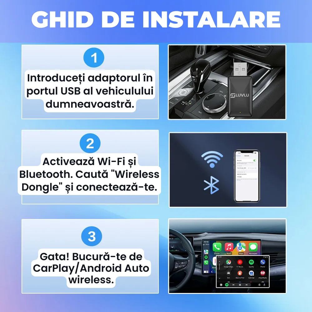 Adaptor Wireless CarPlay & Android Auto LUVLU - WiFi 6, BT 5.4, Plug & Play - adaptor carplay wireless - LUVLU®