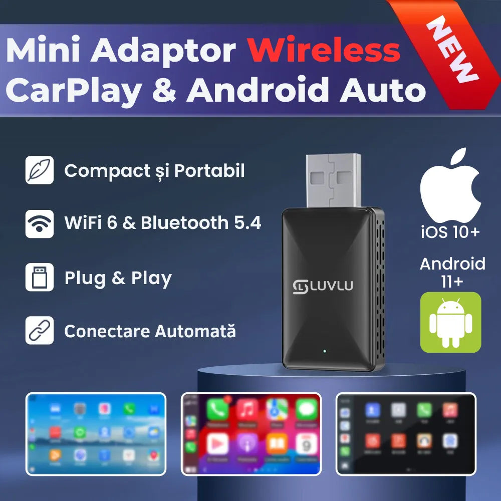 Adaptor Wireless CarPlay & Android Auto LUVLU - WiFi 6, BT 5.4, Plug & Play - adaptor carplay wireless - LUVLU®