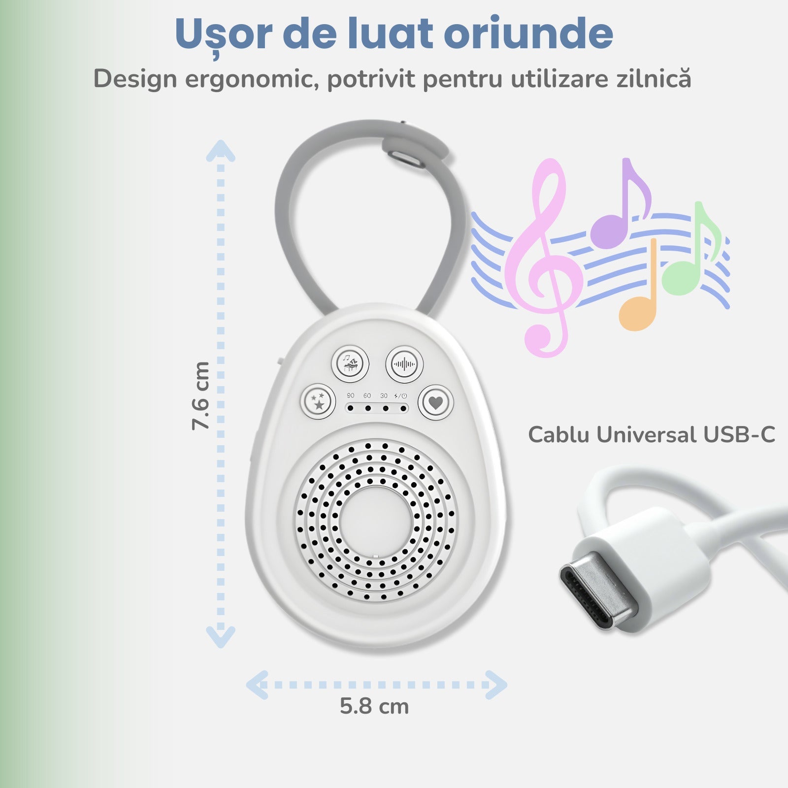 Aparat Sunete Albe pentru Bebeluși LUVLU®, 20 Sunete, Portabil, USB-C, Timer, Memorare - Dispozitiv Sunete Albe - LUVLU®