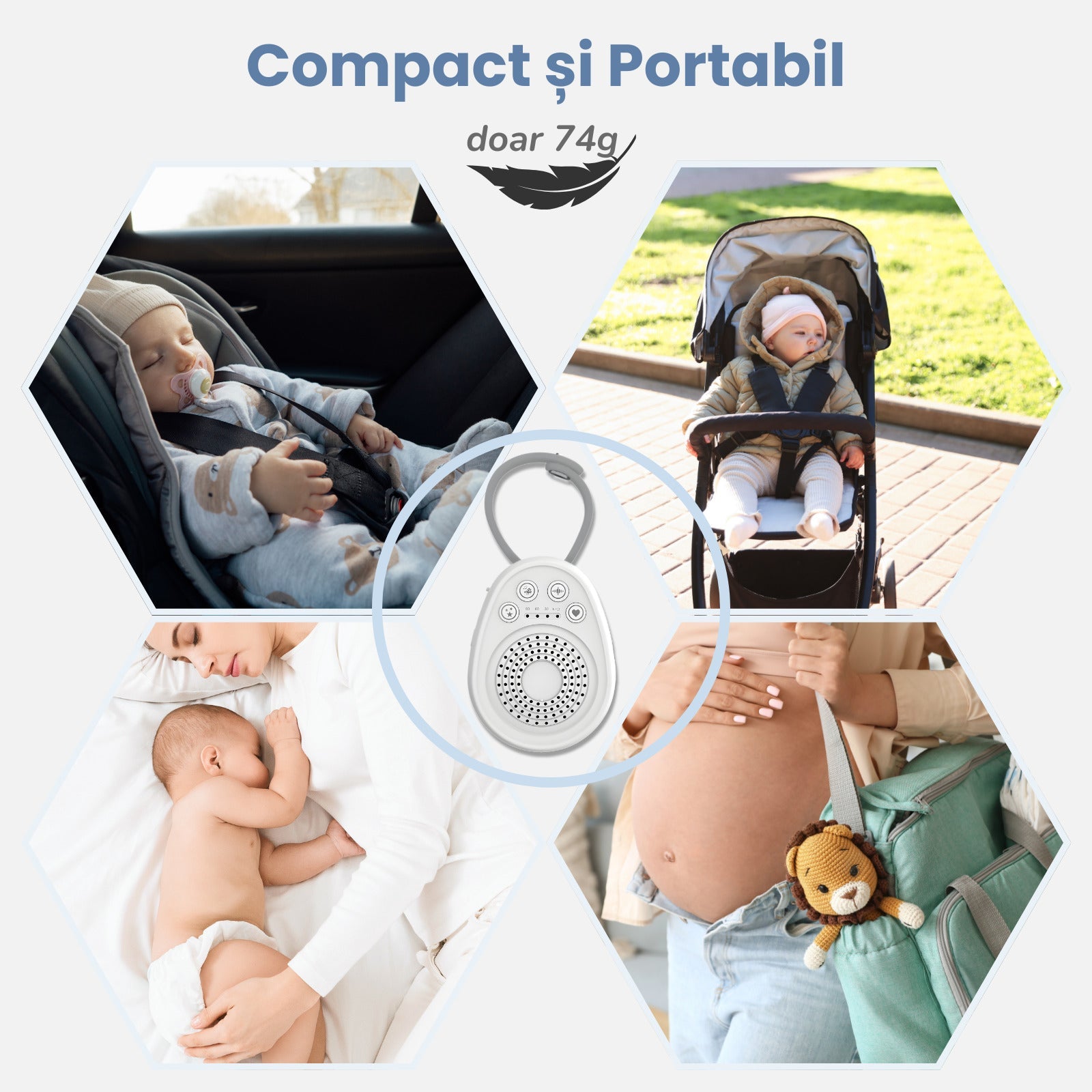 Aparat Sunete Albe pentru Bebeluși LUVLU®, 20 Sunete, Portabil, USB-C, Timer, Memorare - Dispozitiv Sunete Albe - LUVLU®
