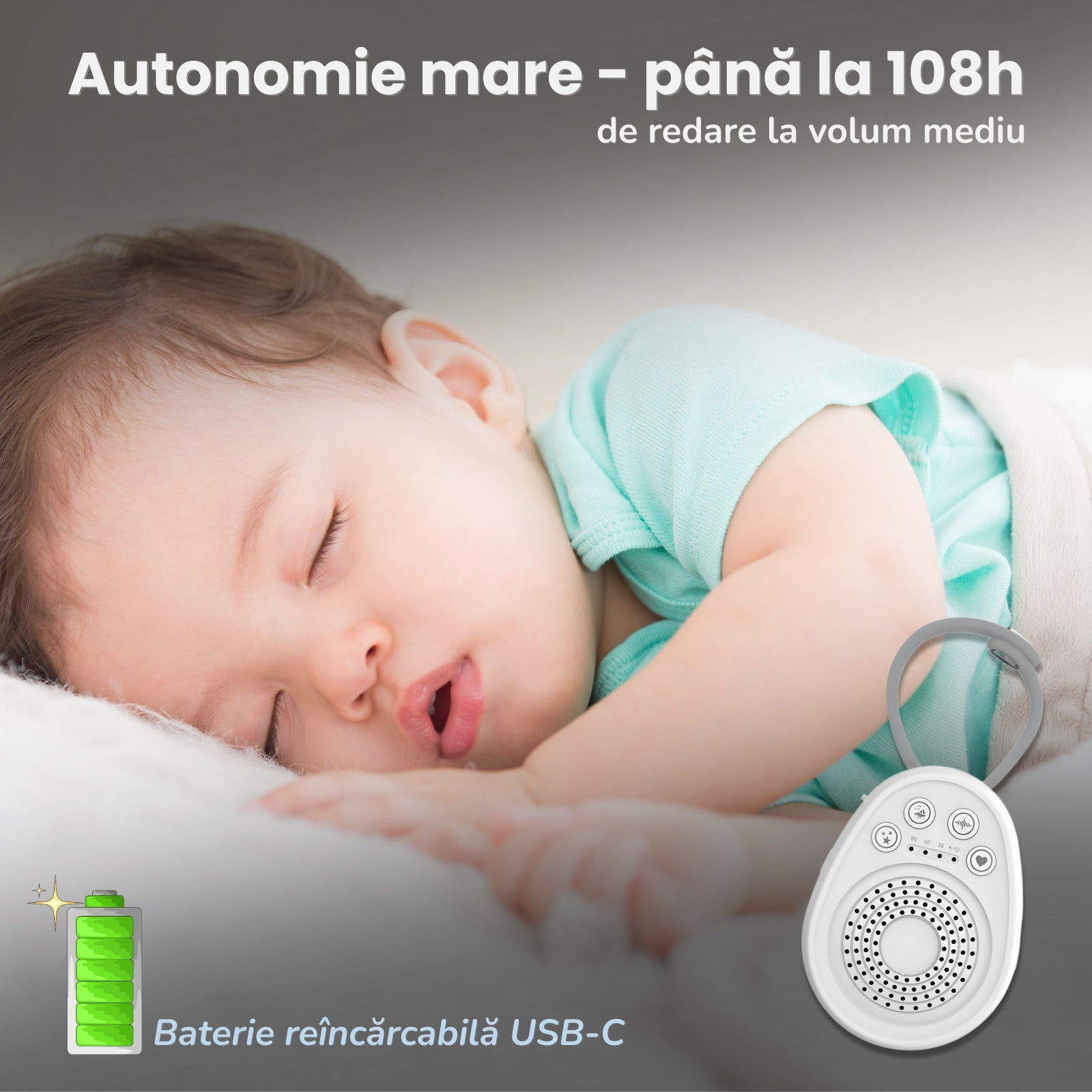 Aparat Sunete Albe pentru Bebeluși LUVLU®, 20 Sunete, Portabil, USB-C, Timer, Memorare - Dispozitiv Sunete Albe - LUVLU®