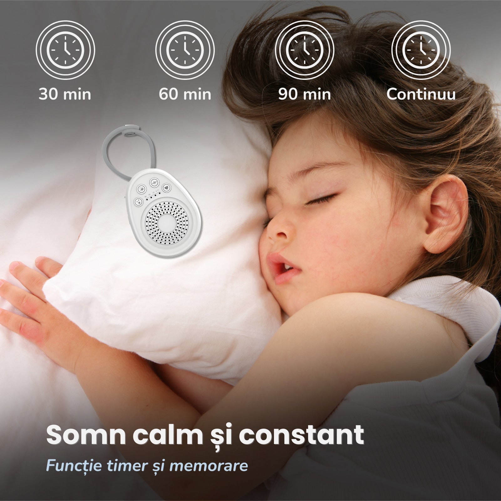 Aparat Sunete Albe pentru Bebeluși LUVLU®, 20 Sunete, Portabil, USB-C, Timer, Memorare - Dispozitiv Sunete Albe - LUVLU®