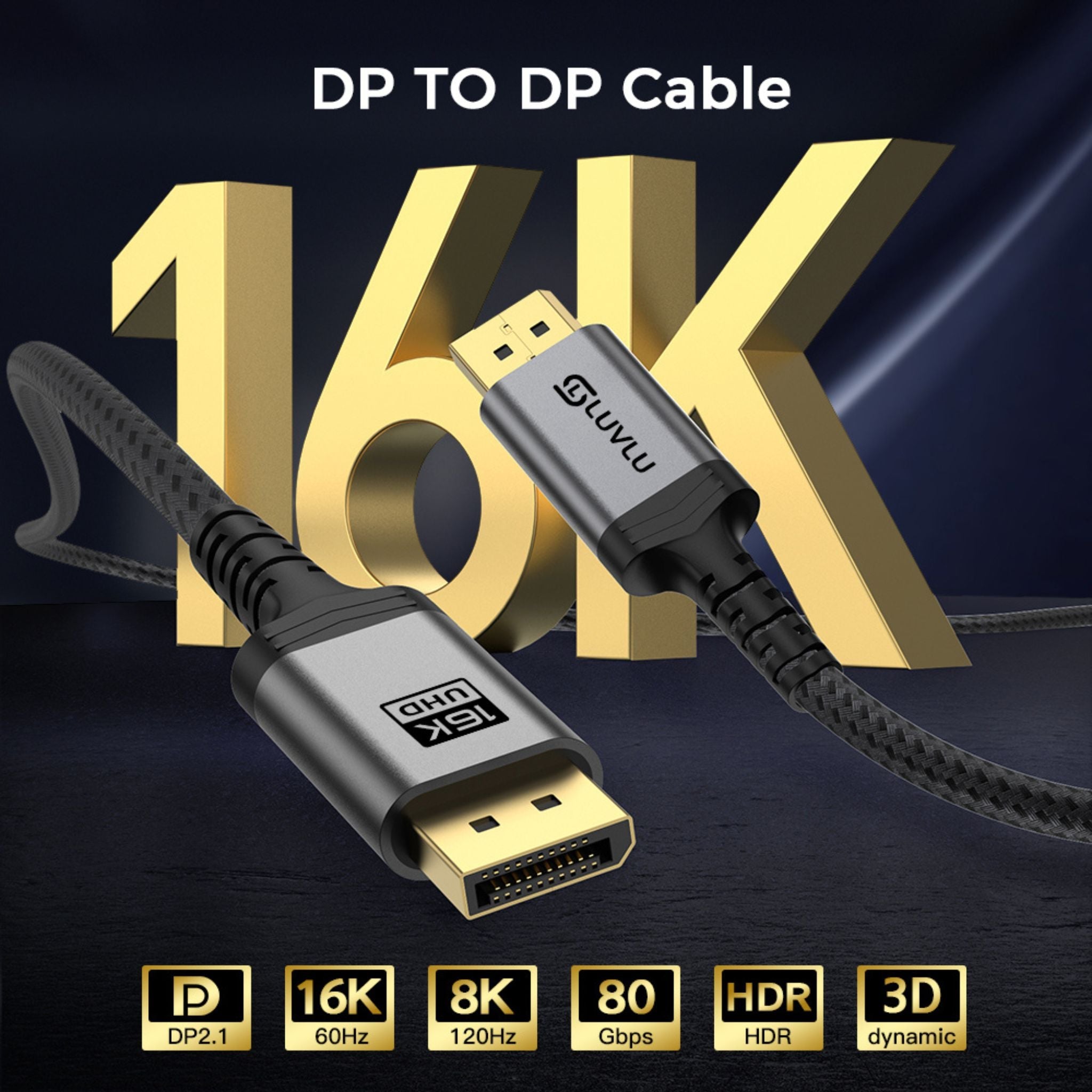 Cablu DisplayPort 2.1, 16K@60Hz, 8K@120Hz, Conectori Auriți - LUVLU® - Cablu Display Port 2.1 - LUVLU®