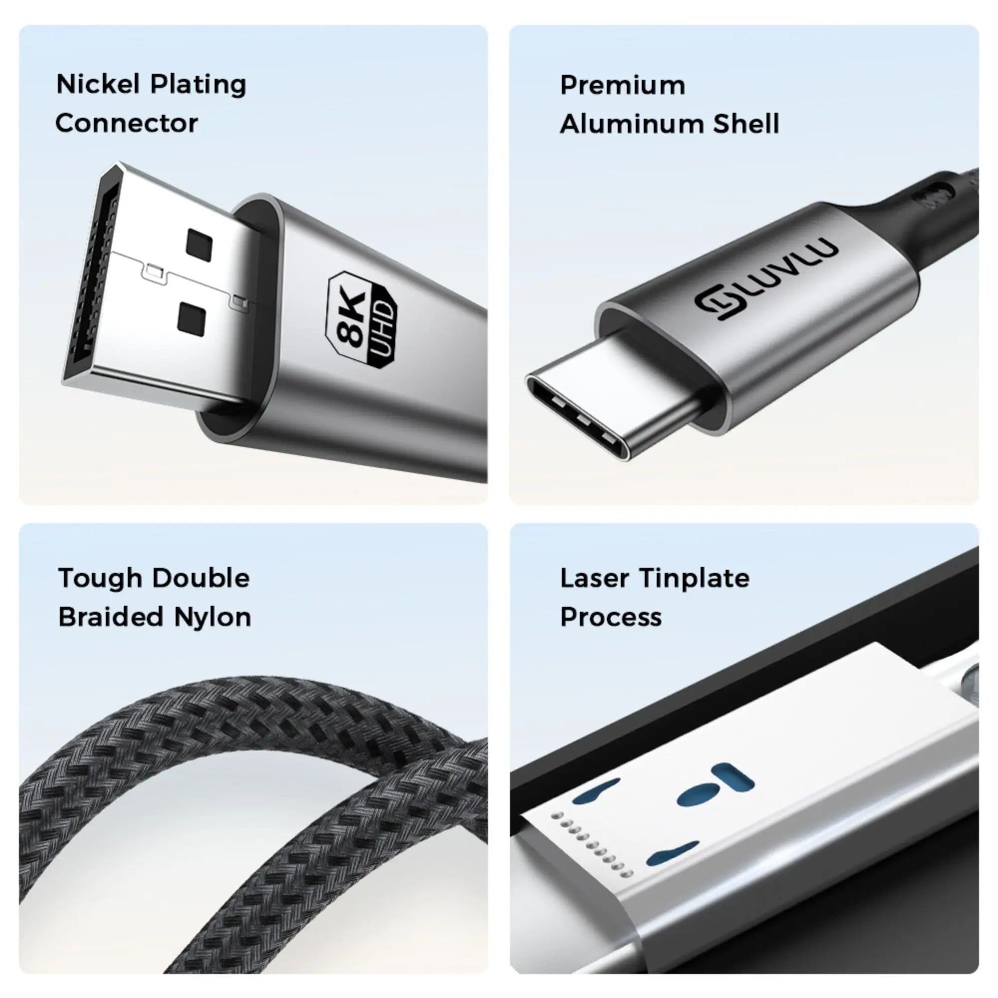Cablu LUVLU USB Type - C la DisplayPort 1.4, 8K 60Hz / 4K 144Hz / 2K 240Hz, 32.4Gbps, HDR, Compatibil MacBook M4/M5, Thunderbolt 4/5, Gaming, 2m - Cablu USB Type C la DisplayPort DP 1.4 - LUVLU®