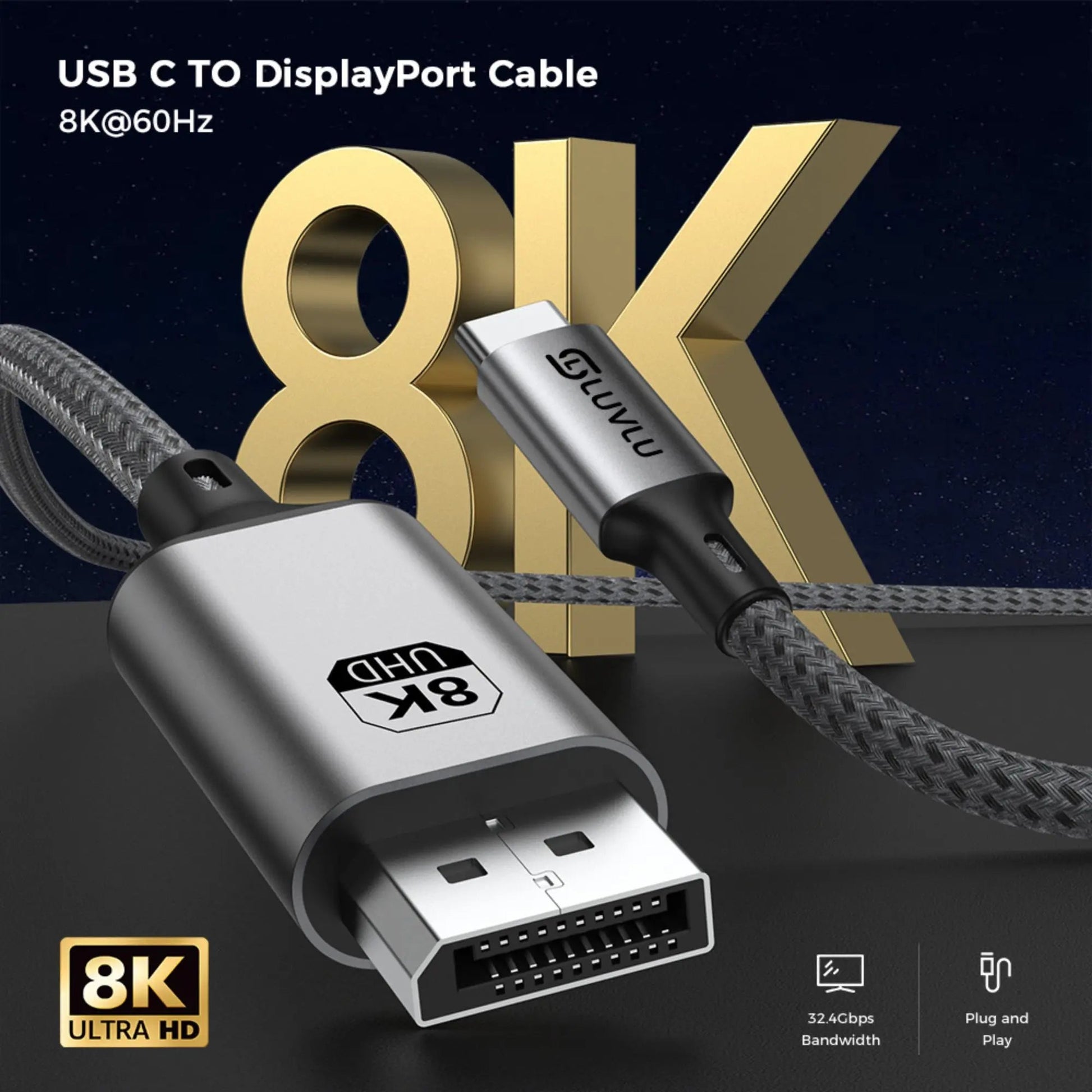 Cablu LUVLU USB Type - C la DisplayPort 1.4, 8K 60Hz / 4K 144Hz / 2K 240Hz, 32.4Gbps, HDR, Compatibil MacBook M4/M5, Thunderbolt 4/5, Gaming, 2m - Cablu USB Type C la DisplayPort DP 1.4 - LUVLU®