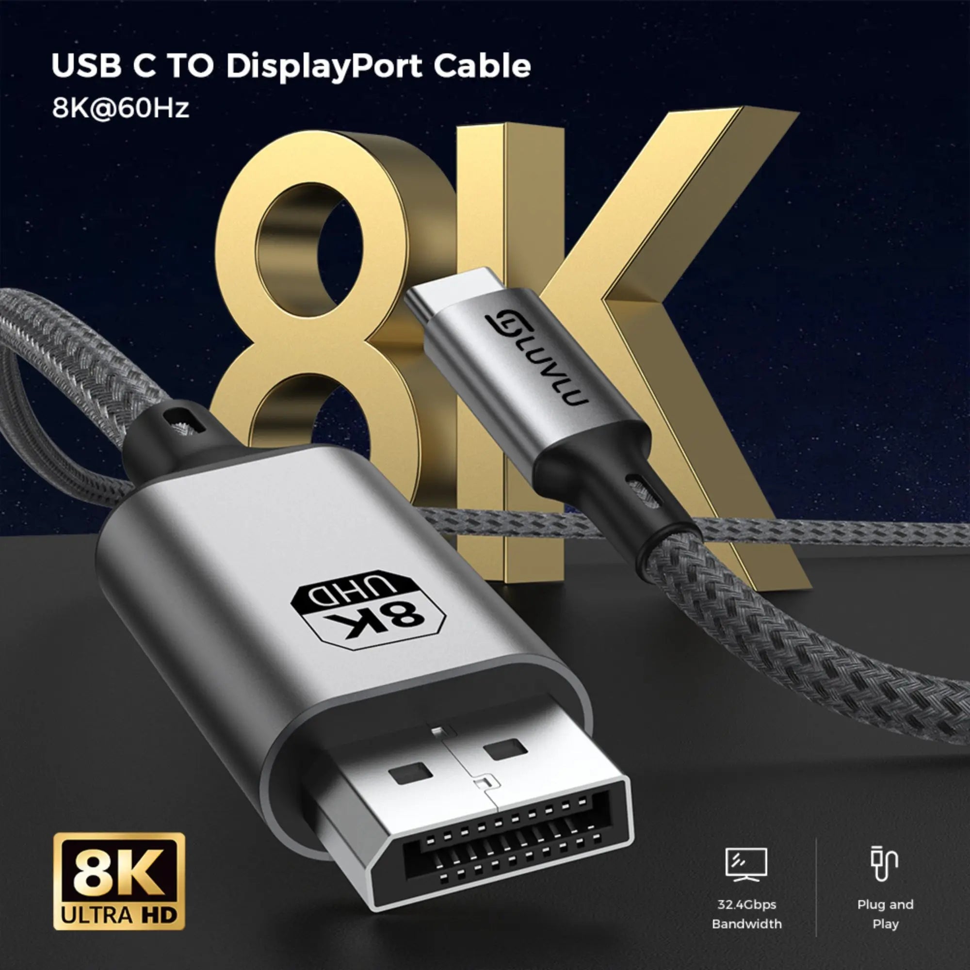 Cablu LUVLU USB Type - C la DisplayPort 1.4, 8K 60Hz / 4K 144Hz / 2K 240Hz, 32.4Gbps, HDR, Compatibil MacBook M4/M5, Thunderbolt 4/5, Gaming, 2m - Cablu USB Type C la DisplayPort DP 1.4 - LUVLU®