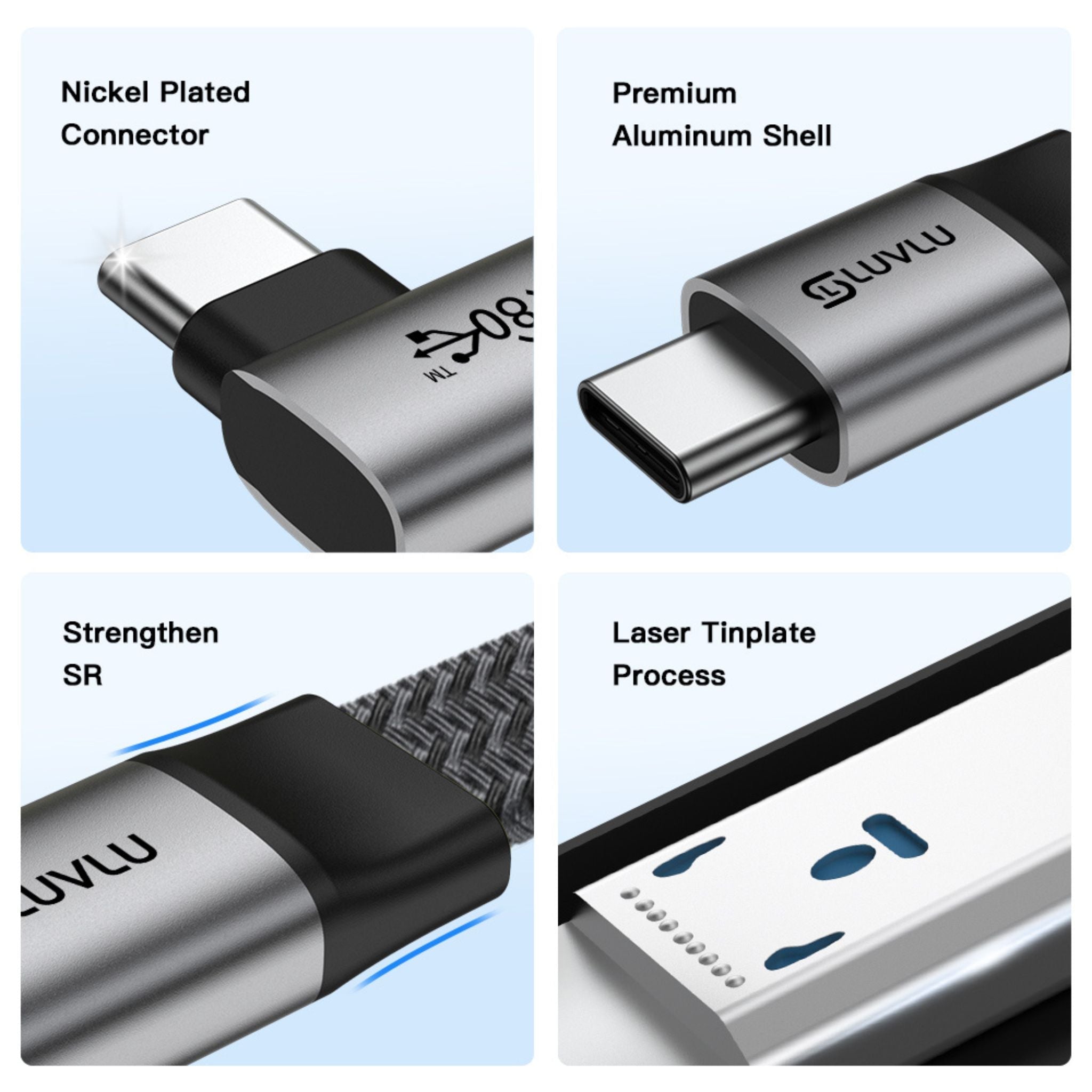 Cablu USB-C 4.0 Plat, 240W, 80Gbps, Conector 90°, Plat - LUVLU® - Cablu usb-c 4.0 plat - LUVLU®