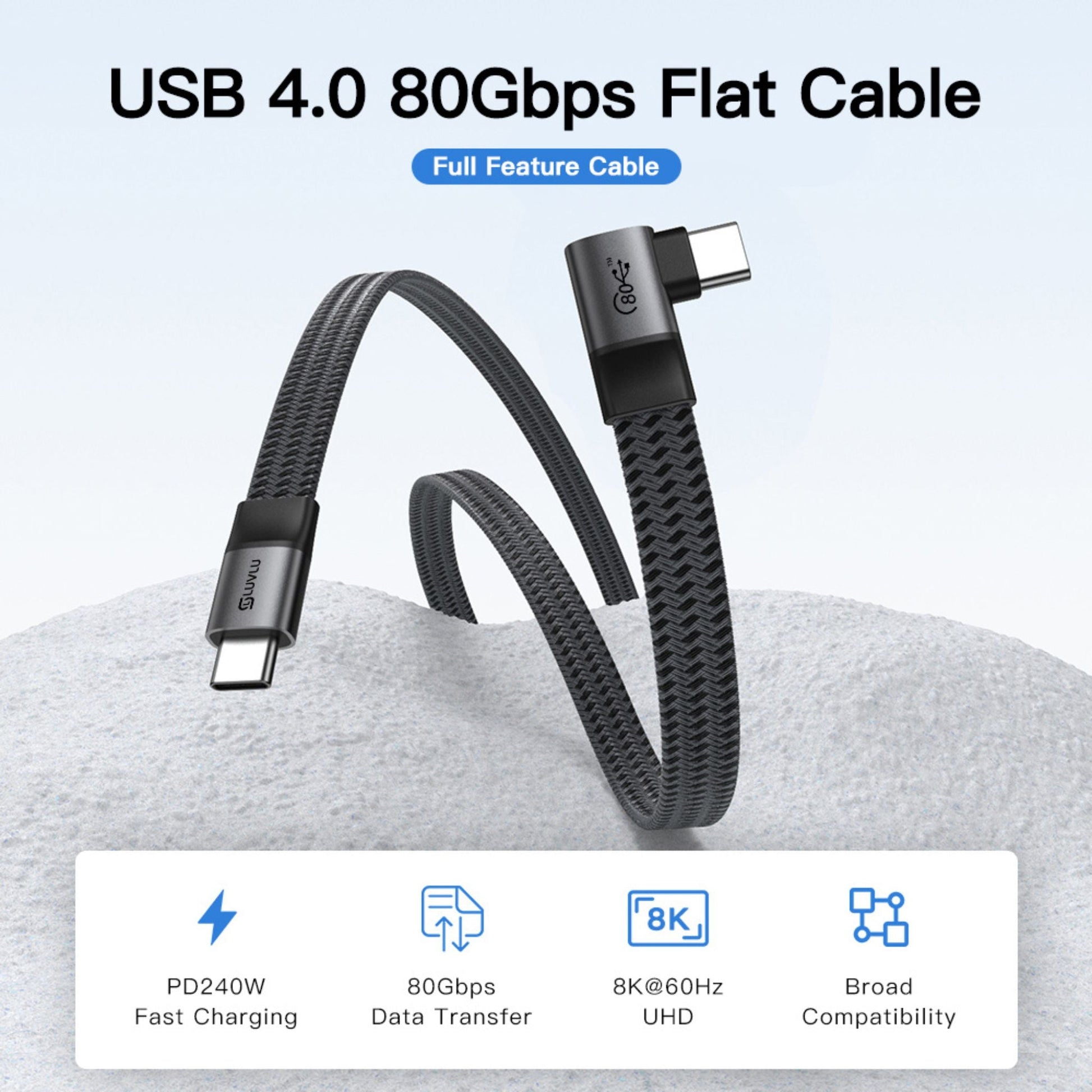 Cablu USB-C 4.0 Plat, 240W, 80Gbps, Conector 90°, Plat - LUVLU® - Cablu usb-c 4.0 plat - LUVLU®