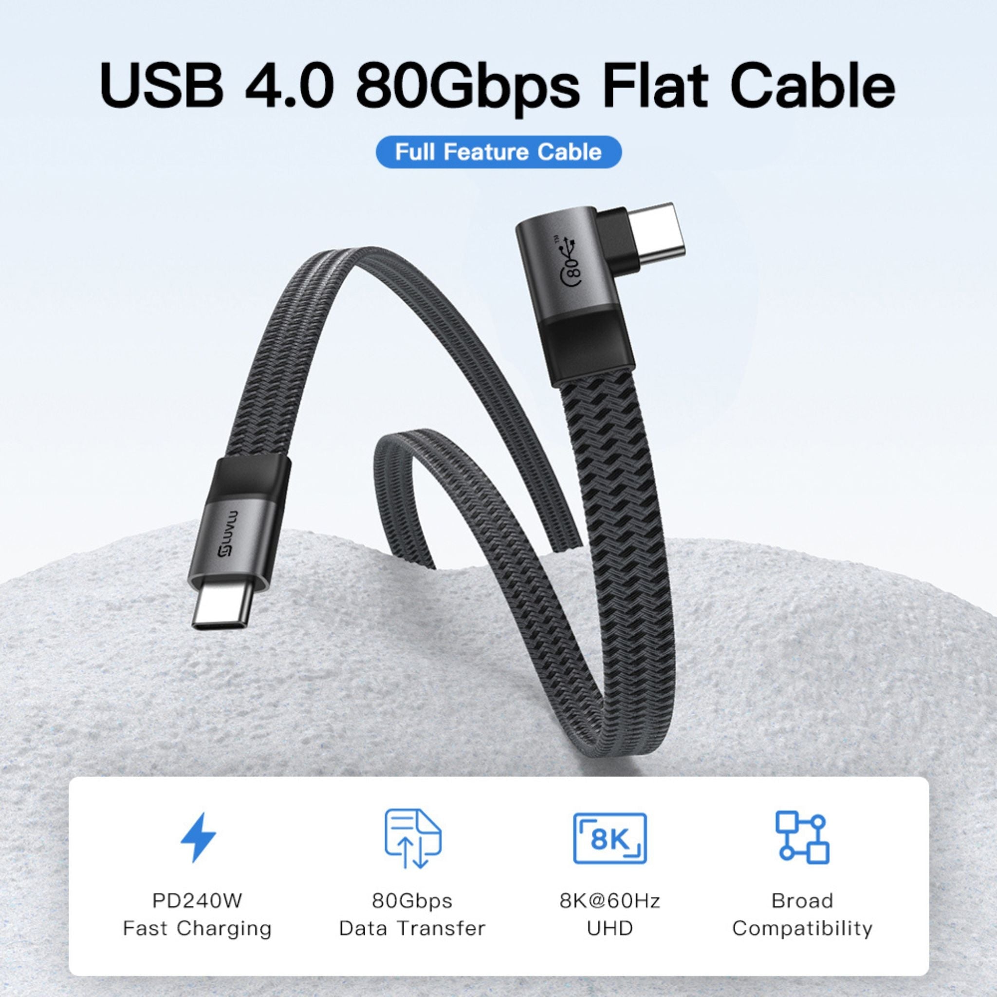 Cablu USB-C 4.0 Plat, 240W, 80Gbps, Conector 90°, Plat - LUVLU® - Cablu usb-c 4.0 plat - LUVLU®