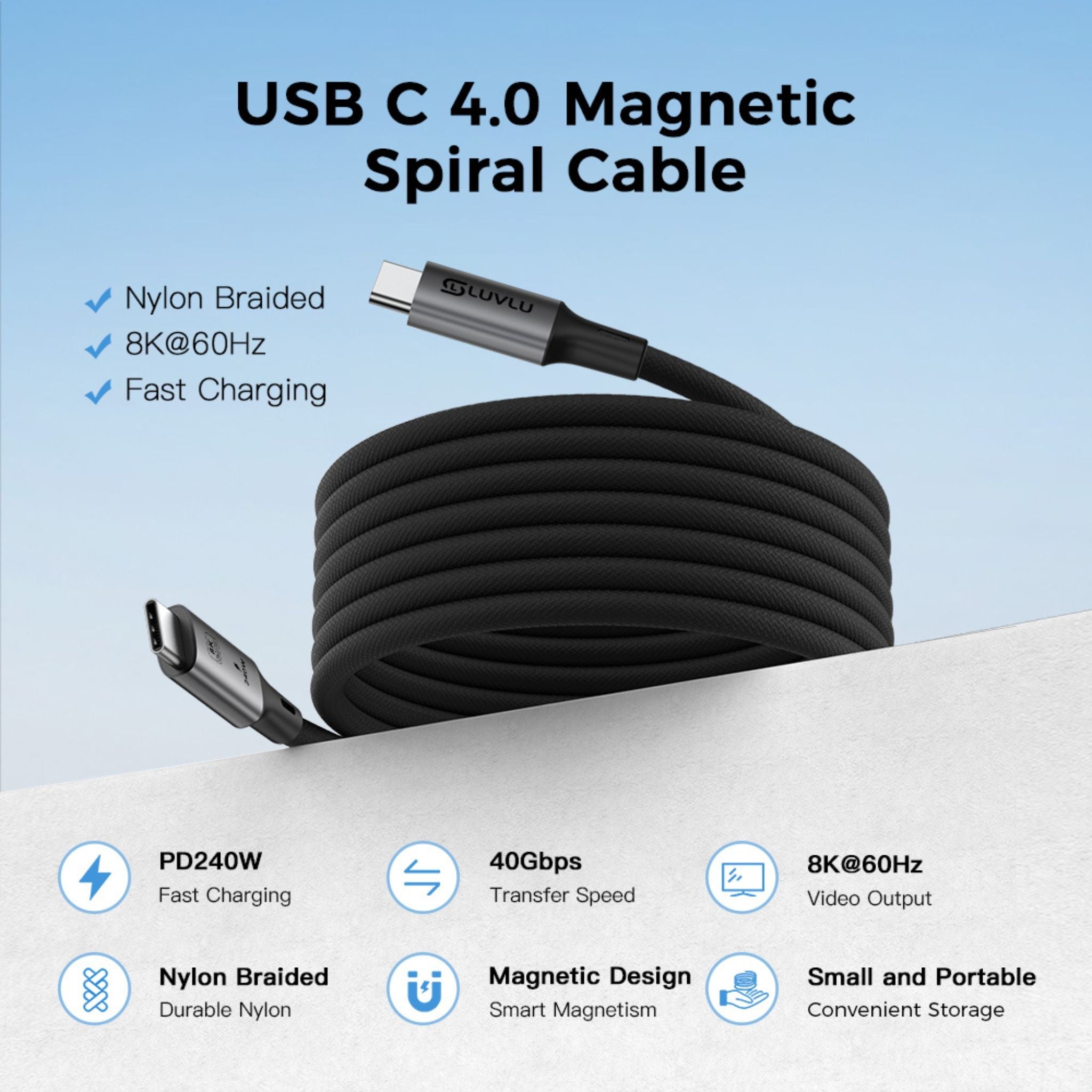 Cablu USB-C 4.0 Magnetic, 240W, 40Gbps, Thunderbolt 4 - LUVLU® - Cablu USB-C Magnetic - LUVLU®