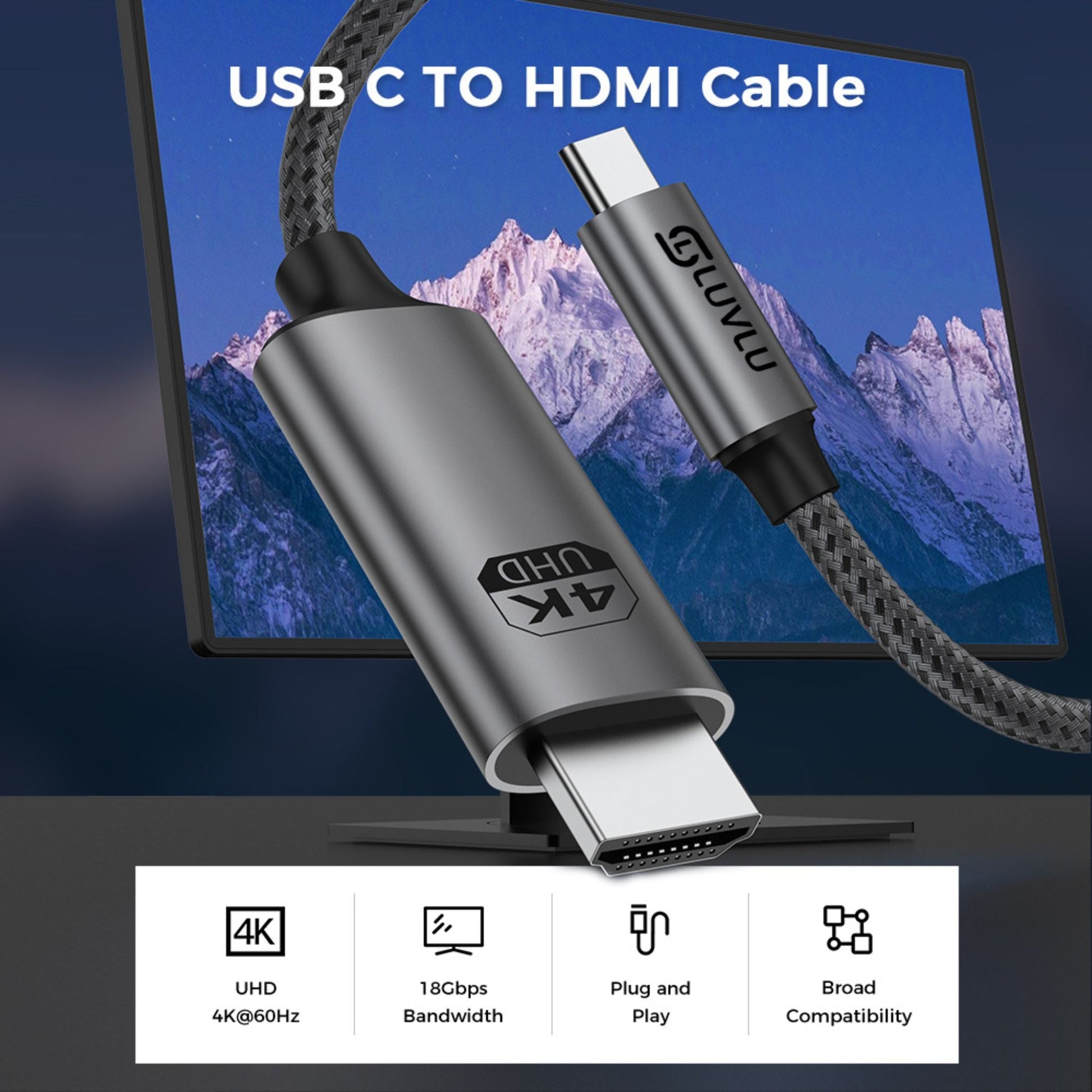Cablu USB-C la HDMI 4K@60Hz, Thunderbolt 3/4, Dublu Împletit - LUVLU® - cablu usb-c la hdmi 4k - LUVLU®