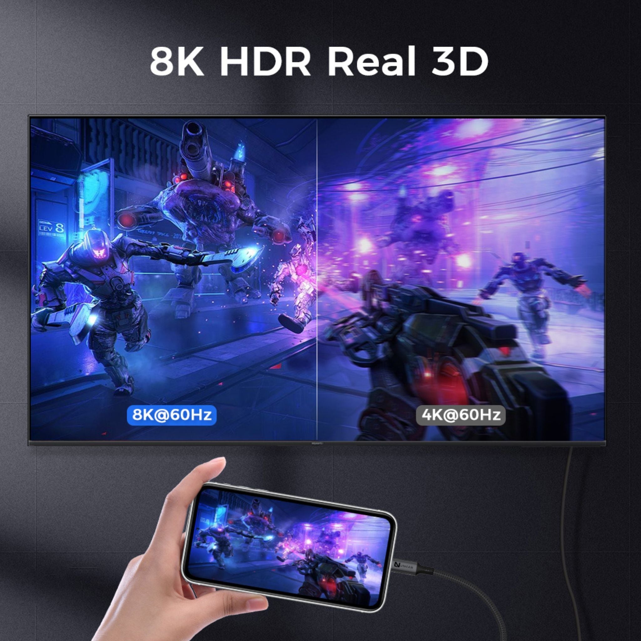 Cablu USB-C la HDMI 8K@60Hz, Thunderbolt 4, 1.8m - LUVLU® - Cablu usb-c la hdmi 8K - LUVLU®