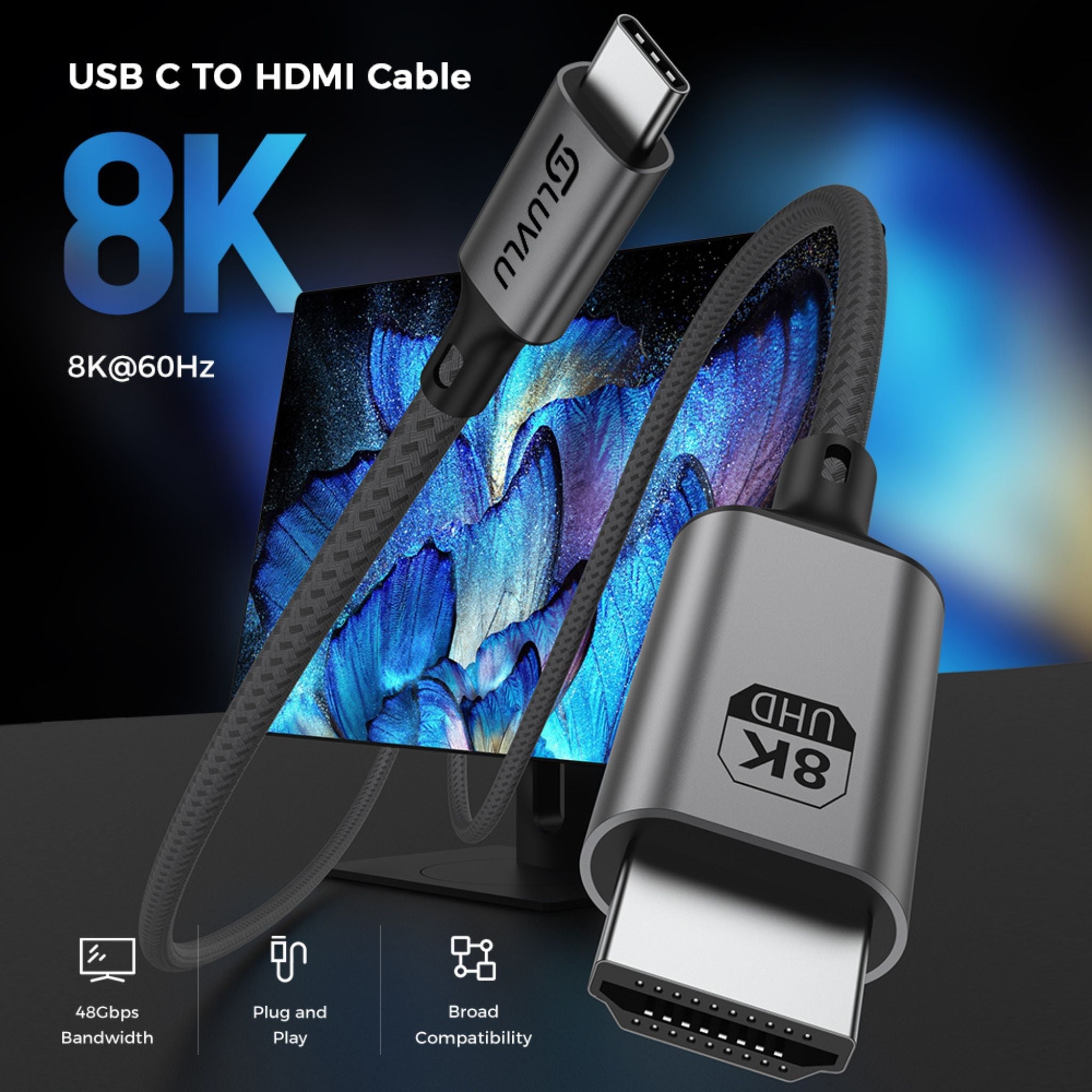Cablu USB-C la HDMI 8K@60Hz, Thunderbolt 4, 1.8m - LUVLU® - Cablu usb-c la hdmi 8K - LUVLU®