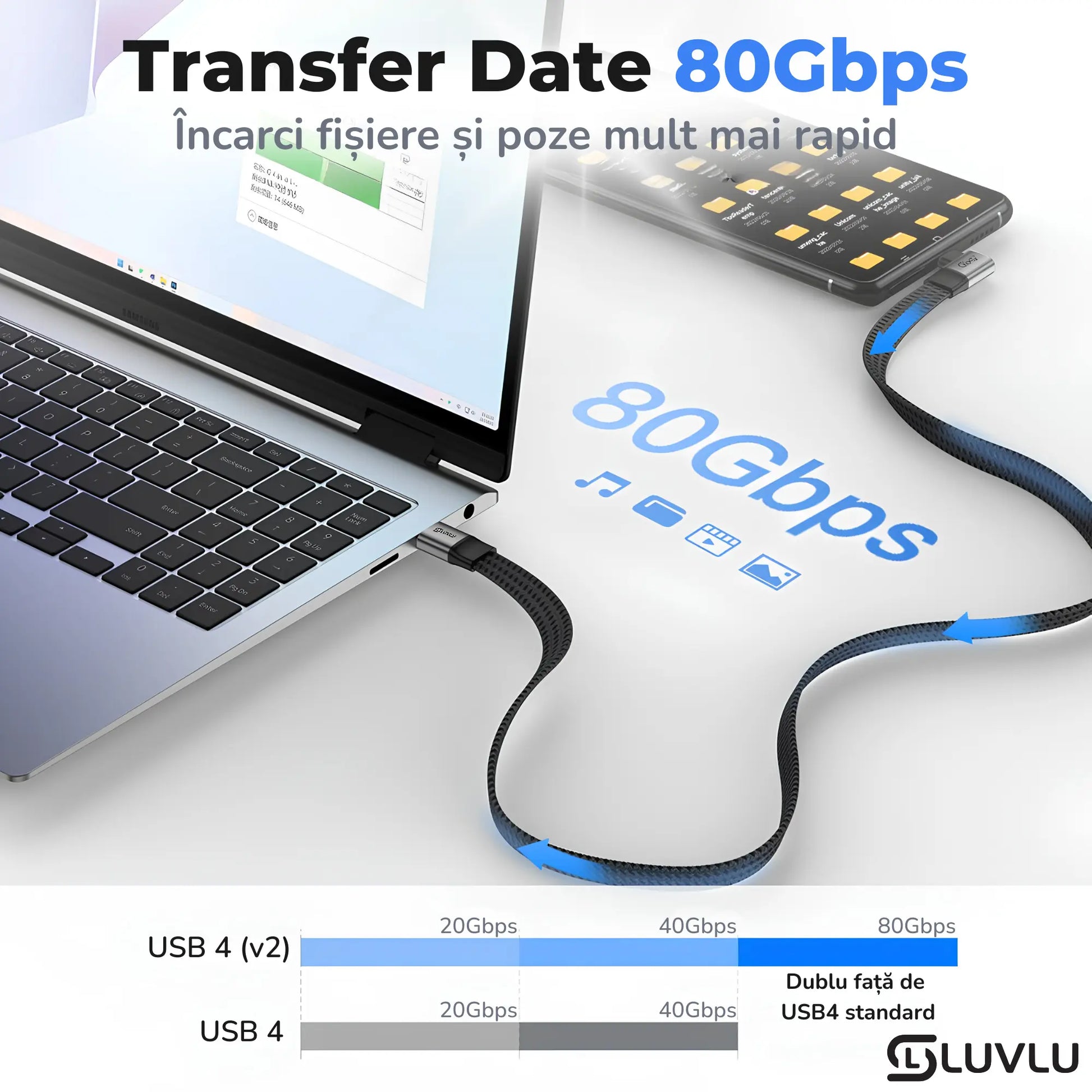 Cablu plat usb-c 4.0 v2 transfer de date ultra rapid 80Gbps