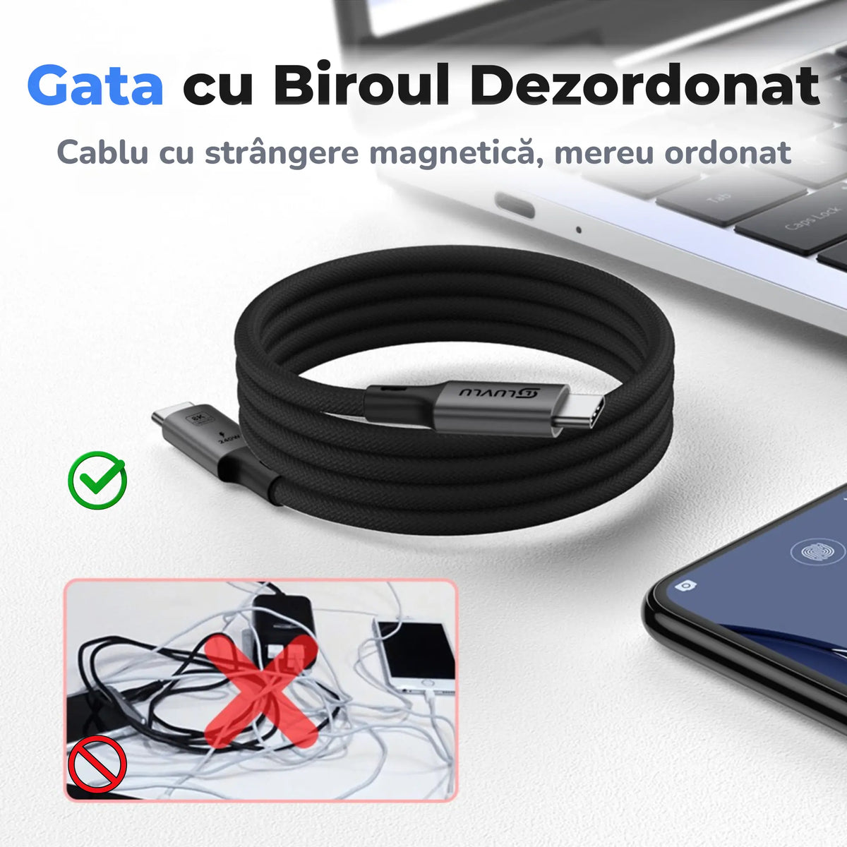 Cablu USB-C 4.0 cu strangere magnetica pentru un birou ordonat