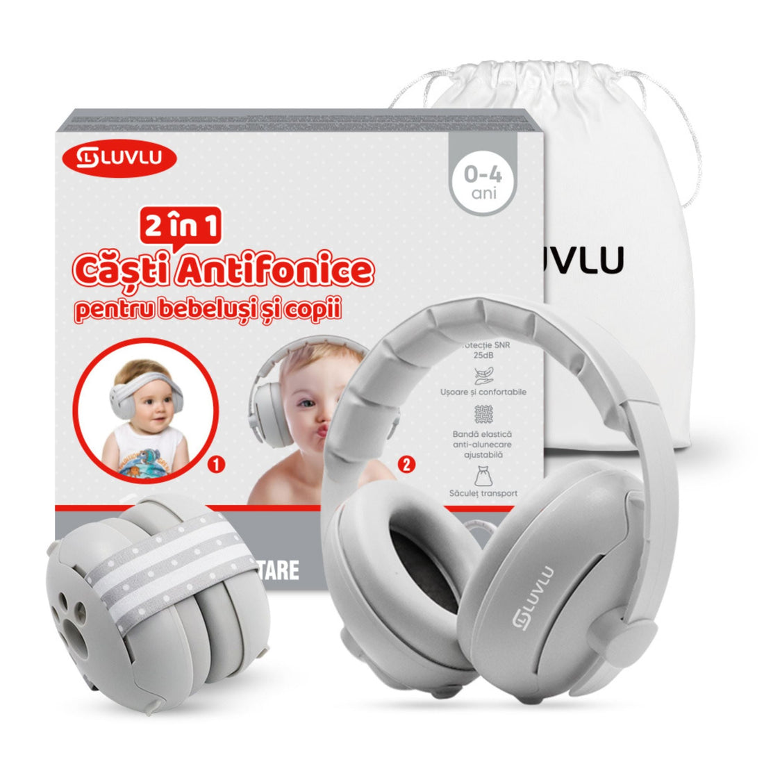 Căști Antifonice pentru Bebeluși și Copii 2 în 1, Reglabile, 0-4 Ani - LUVLU® - Casti antifonice 2 in 1 - LUVLU®