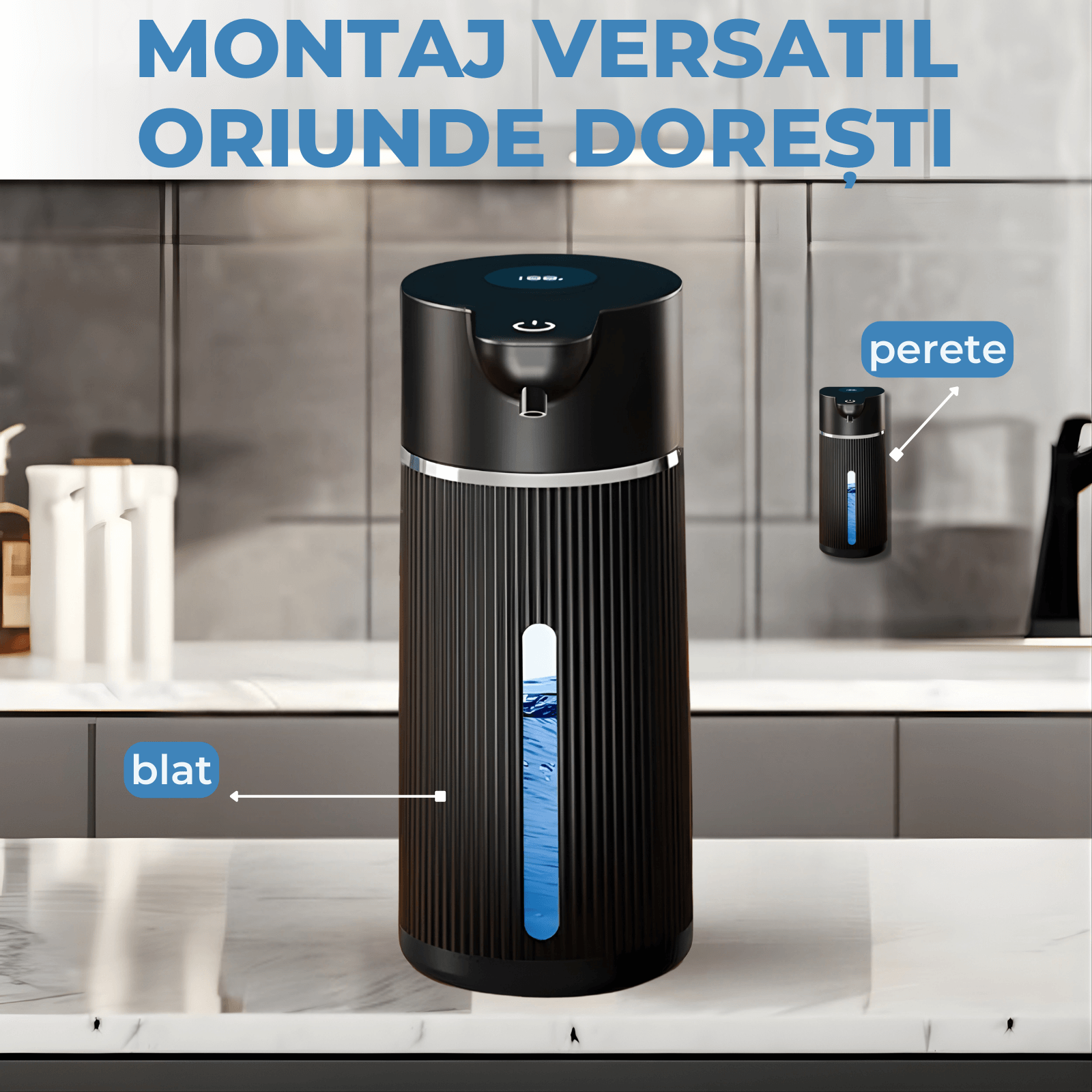 Dozator Automat Săpun Lichid LUVLU®, Senzor Touchless, 4 Trepte Dozare, Display LED, 420ml, Negru - Dozator de sapun - LUVLU®