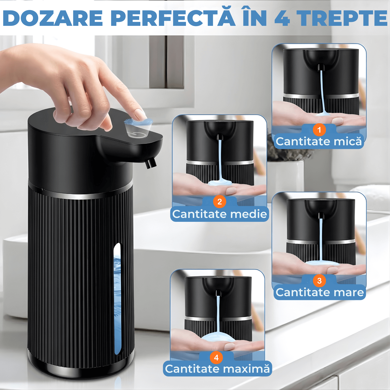 Dozator Automat Săpun Lichid LUVLU®, Senzor Touchless, 4 Trepte Dozare, Display LED, 420ml, Negru - Dozator de sapun - LUVLU®