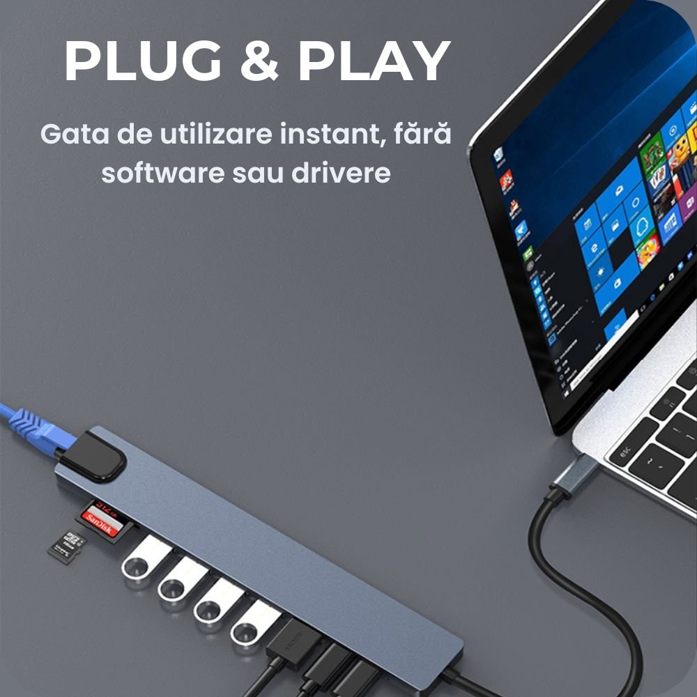 Hub USB-C 10 în 1, HDMI 4K, PD 100W, RJ45 Ethernet - LUVLU® - Hub 10 in 1 - LUVLU®
