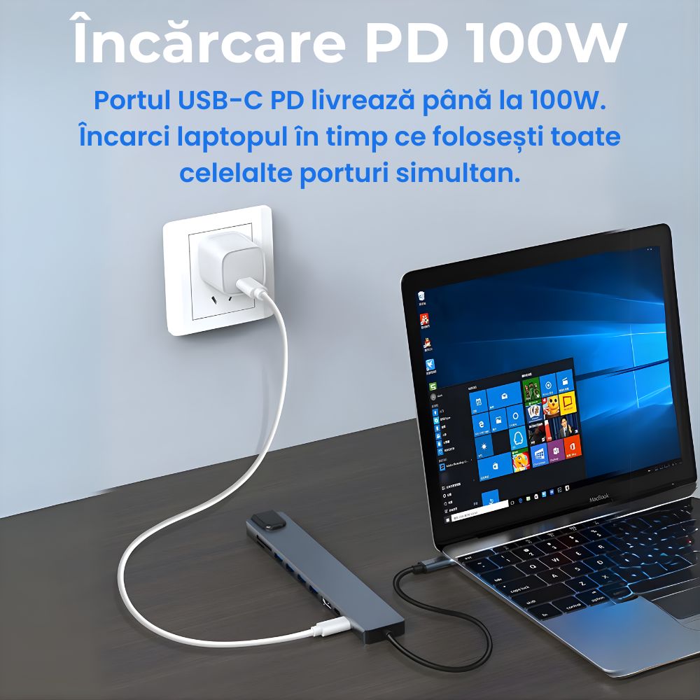 Hub USB-C 10 în 1, HDMI 4K, PD 100W, RJ45 Ethernet - LUVLU® - Hub 10 in 1 - LUVLU®