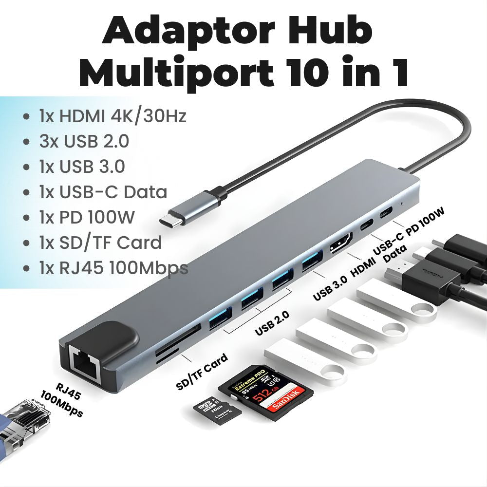 Hub USB-C 10 în 1, HDMI 4K, PD 100W, RJ45 Ethernet - LUVLU® - Hub 10 in 1 - LUVLU®