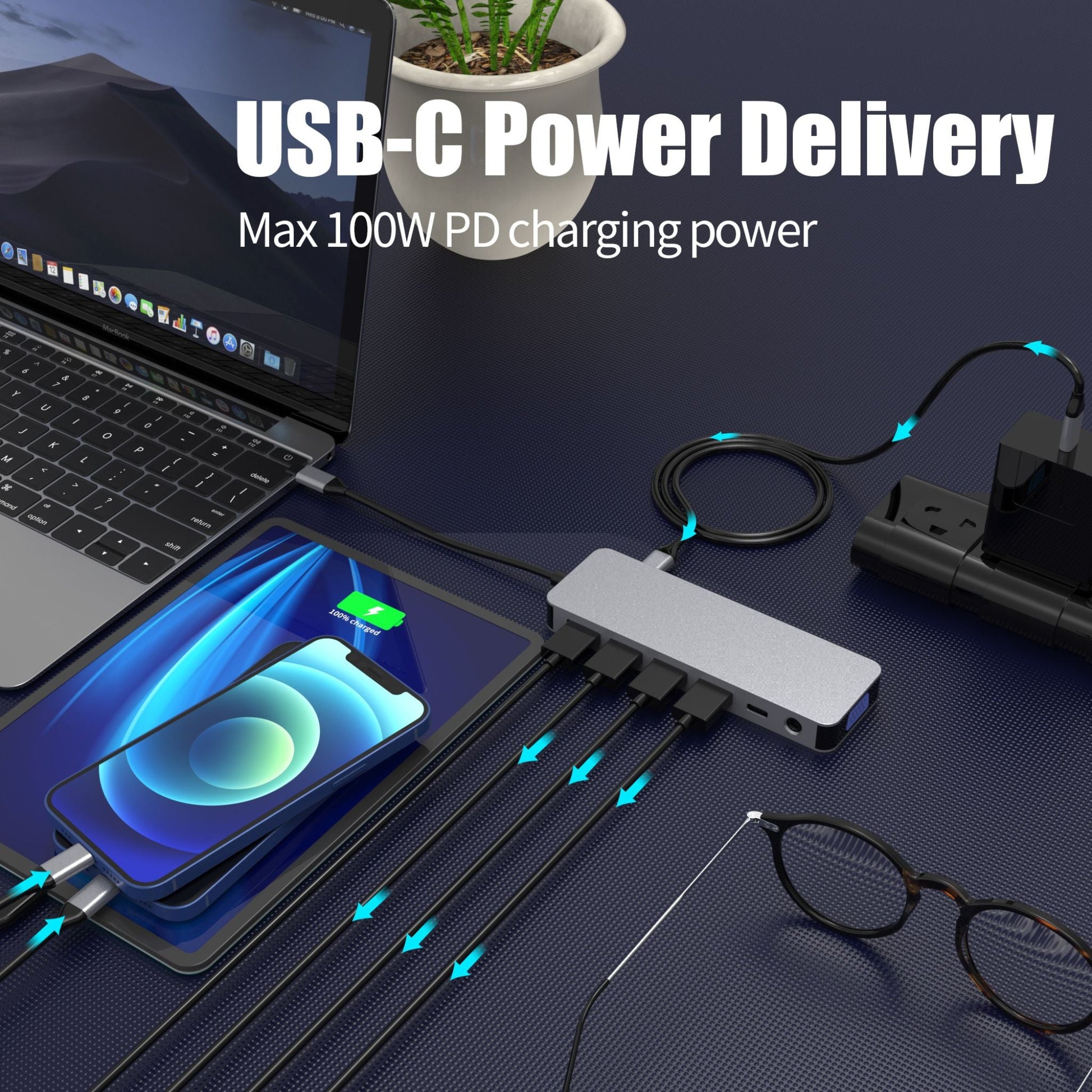 Hub USB-C 13 în 1 LUVLU®, 2x HDMI 4K, VGA, PD 100W, 3x USB 3.0, RJ45, SD/TF, Audio, Docking Station - Hub 13 in 1 - LUVLU®