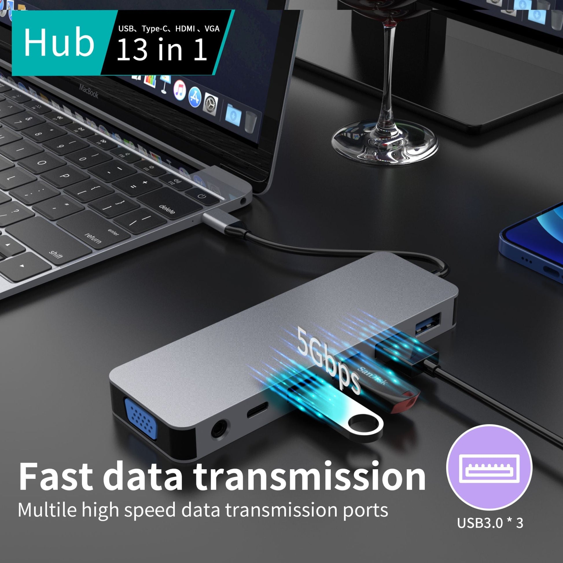 Hub USB-C 13 în 1 LUVLU®, 2x HDMI 4K, VGA, PD 100W, 3x USB 3.0, RJ45, SD/TF, Audio, Docking Station - Hub 13 in 1 - LUVLU®