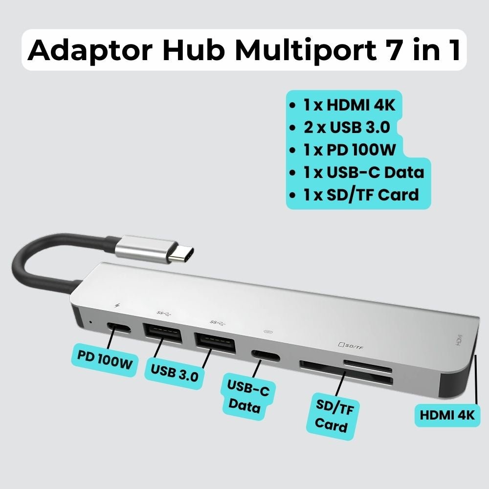 Hub USB-C 7 în 1 LUVLU®, HDMI 4K, PD 100W, 2x USB 3.0, USB-C Data, SD/TF Card Reader - Hub 7 in 1 - LUVLU®