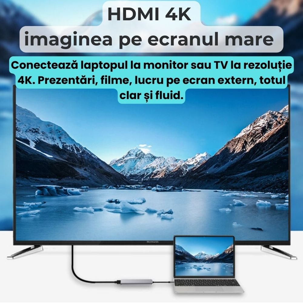 Hub USB-C 7 în 1 LUVLU®, HDMI 4K, PD 100W, 2x USB 3.0, USB-C Data, SD/TF Card Reader - Hub 7 in 1 - LUVLU®
