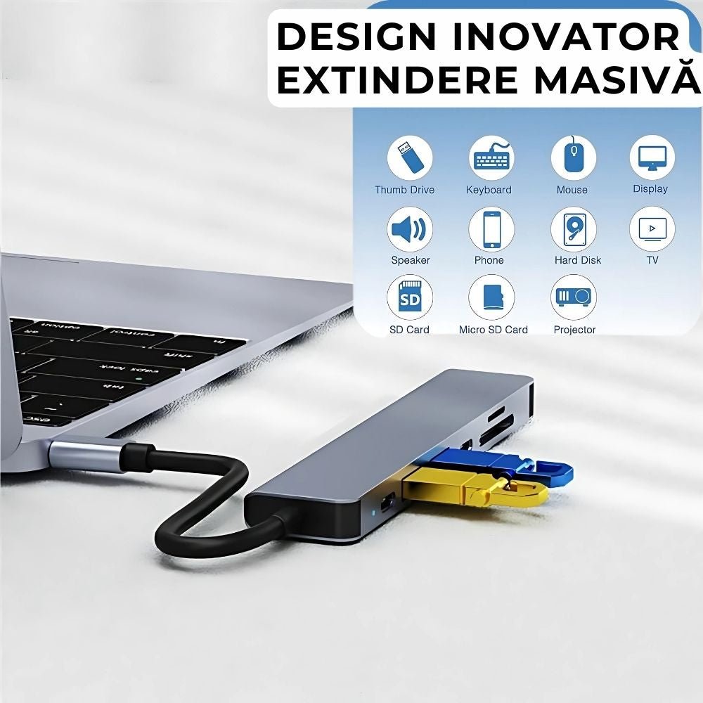 Hub USB-C 7 în 1 LUVLU®, HDMI 4K, PD 100W, 2x USB 3.0, USB-C Data, SD/TF Card Reader - Hub 7 in 1 - LUVLU®