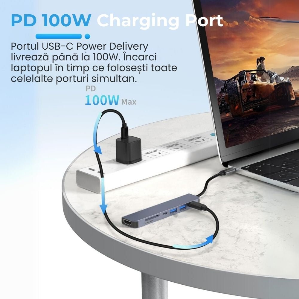 Hub USB-C 7 în 1 LUVLU®, HDMI 4K, PD 100W, 2x USB 3.0, USB-C Data, SD/TF Card Reader - Hub 7 in 1 - LUVLU®