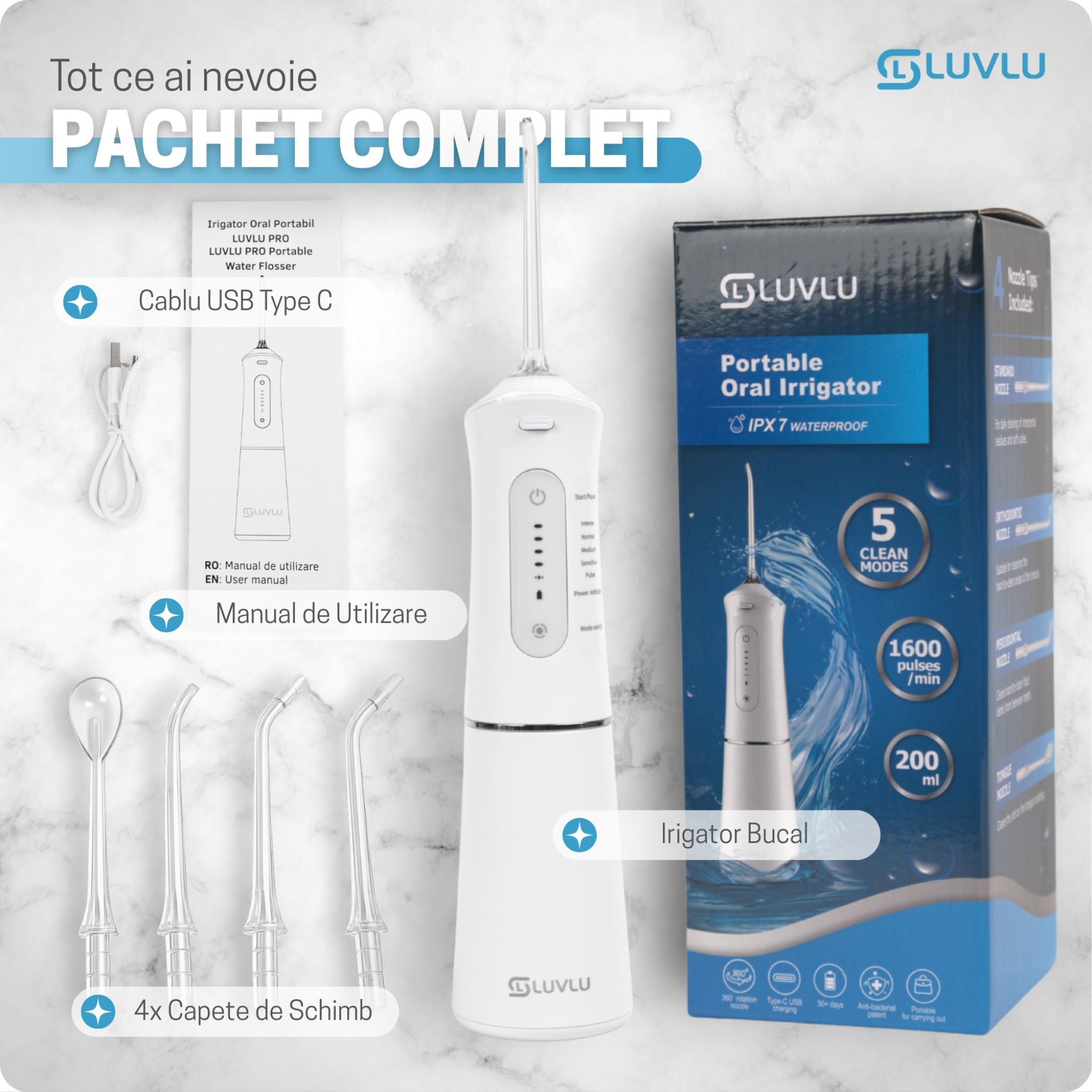 Irigator Bucal Profesional Portabil, 5 Trepte de Presiune - LUVLU® - Irigator bucal profesional - LUVLU®