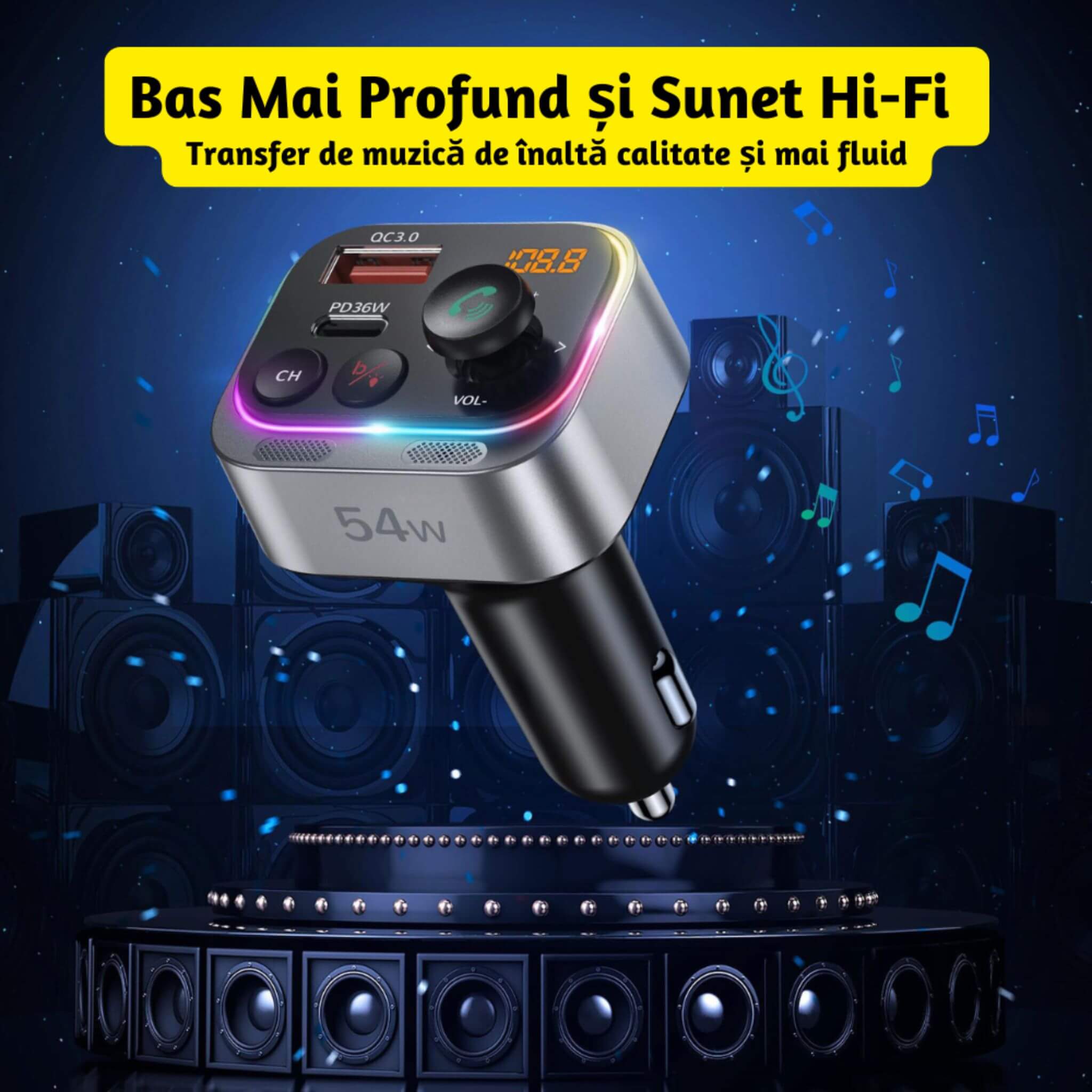 Modulator FM Auto Bluetooth 5.3 Hi-Fi 54W USB-C PD 36W Car Kit Handsfree Lumină Ambientală - LUVLU