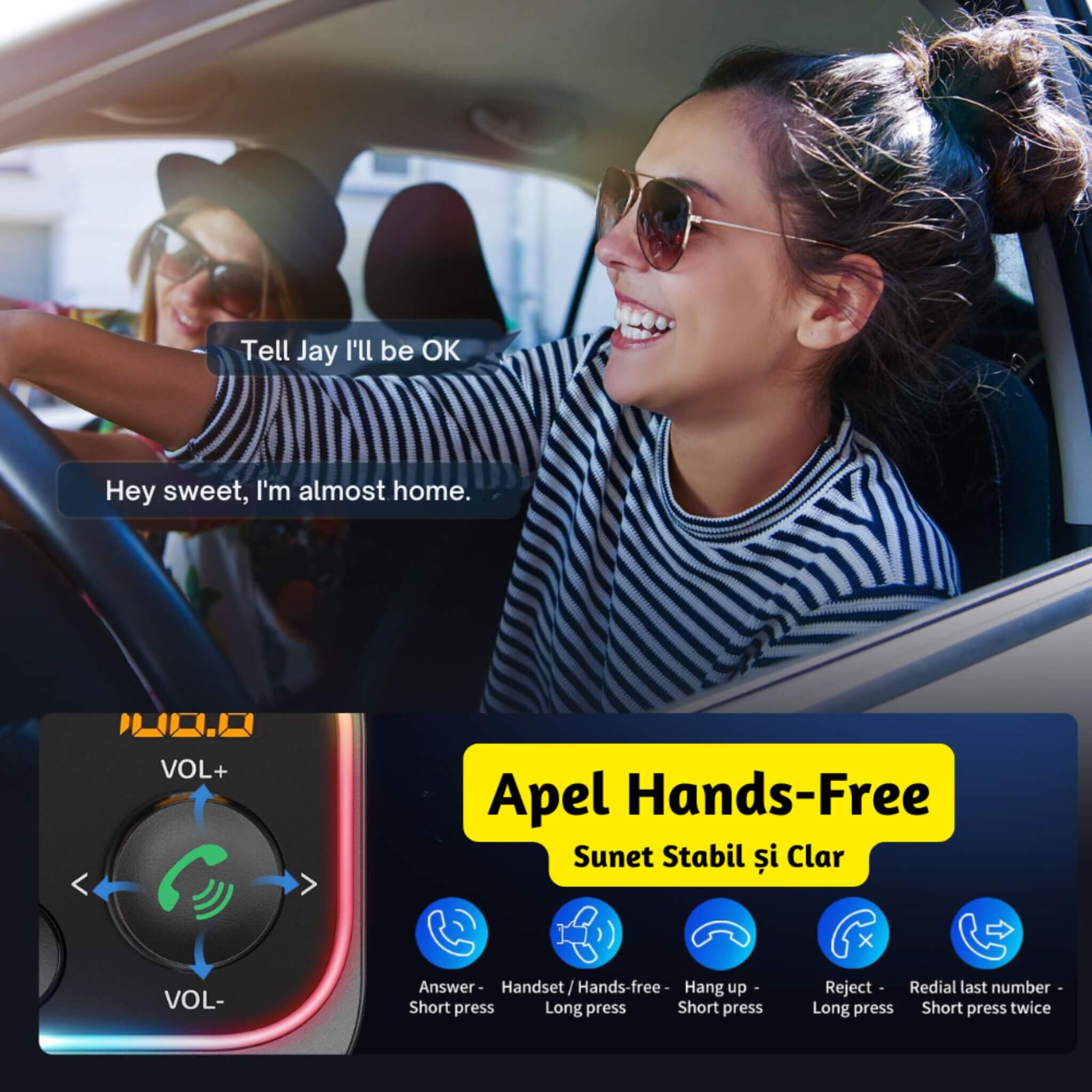 Modulator FM Auto Bluetooth 5.3 Hi-Fi 54W USB-C PD 36W Car Kit Handsfree Lumină Ambientală - LUVLU