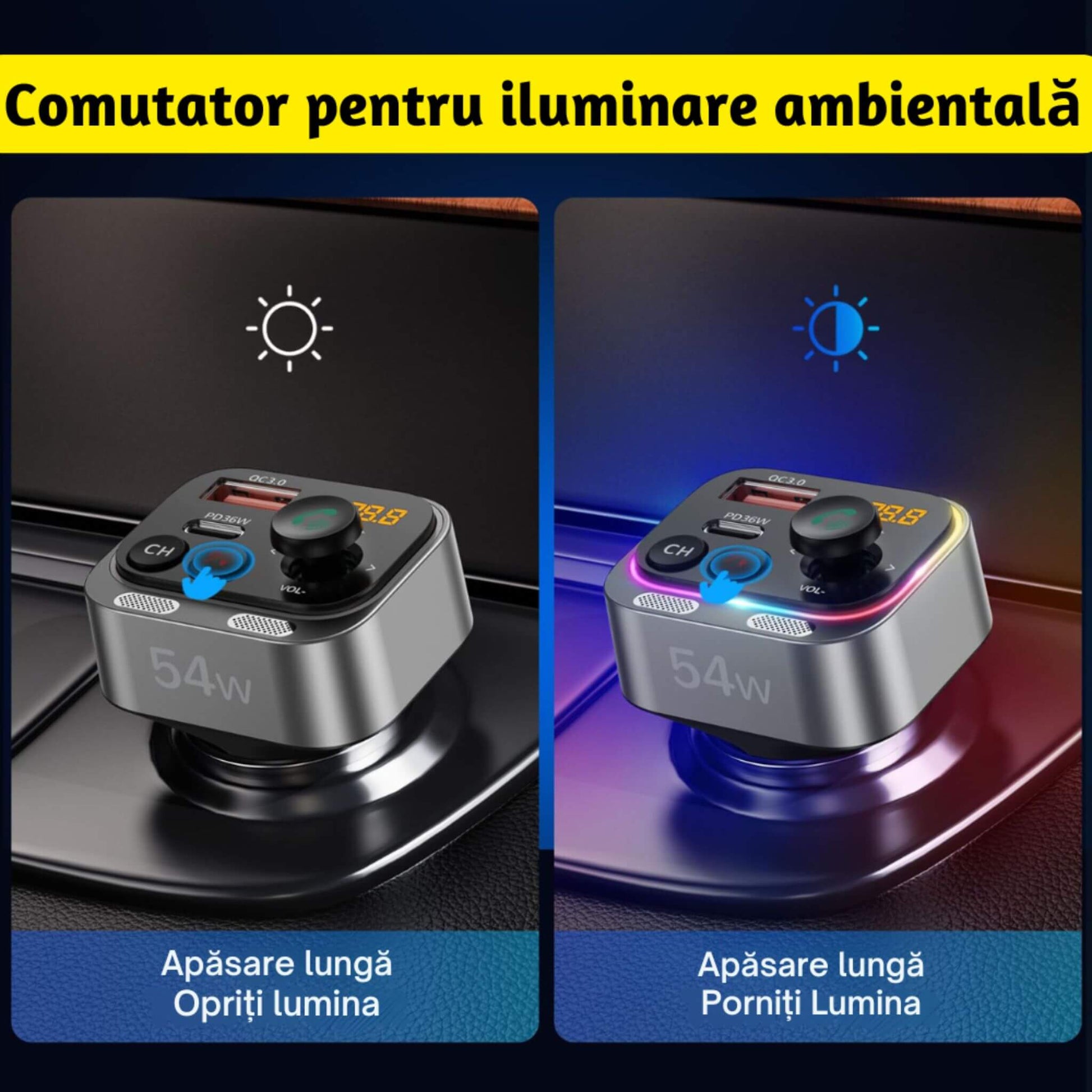 Modulator FM Auto Bluetooth 5.3 Hi-Fi 54W USB-C PD 36W Car Kit Handsfree Lumină Ambientală - LUVLU