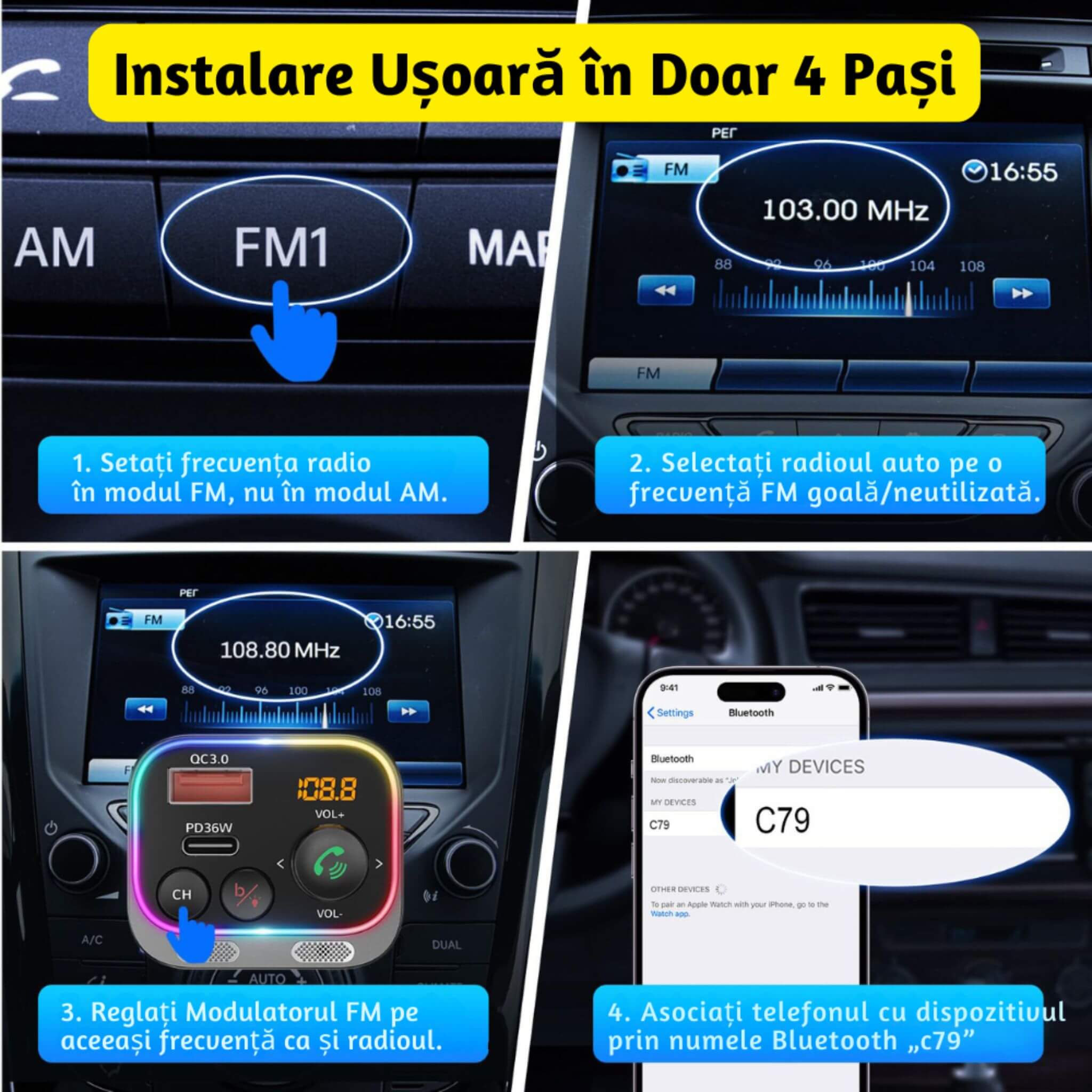 Modulator FM Auto Bluetooth 5.3 Hi-Fi 54W USB-C PD 36W Car Kit Handsfree Lumină Ambientală - LUVLU