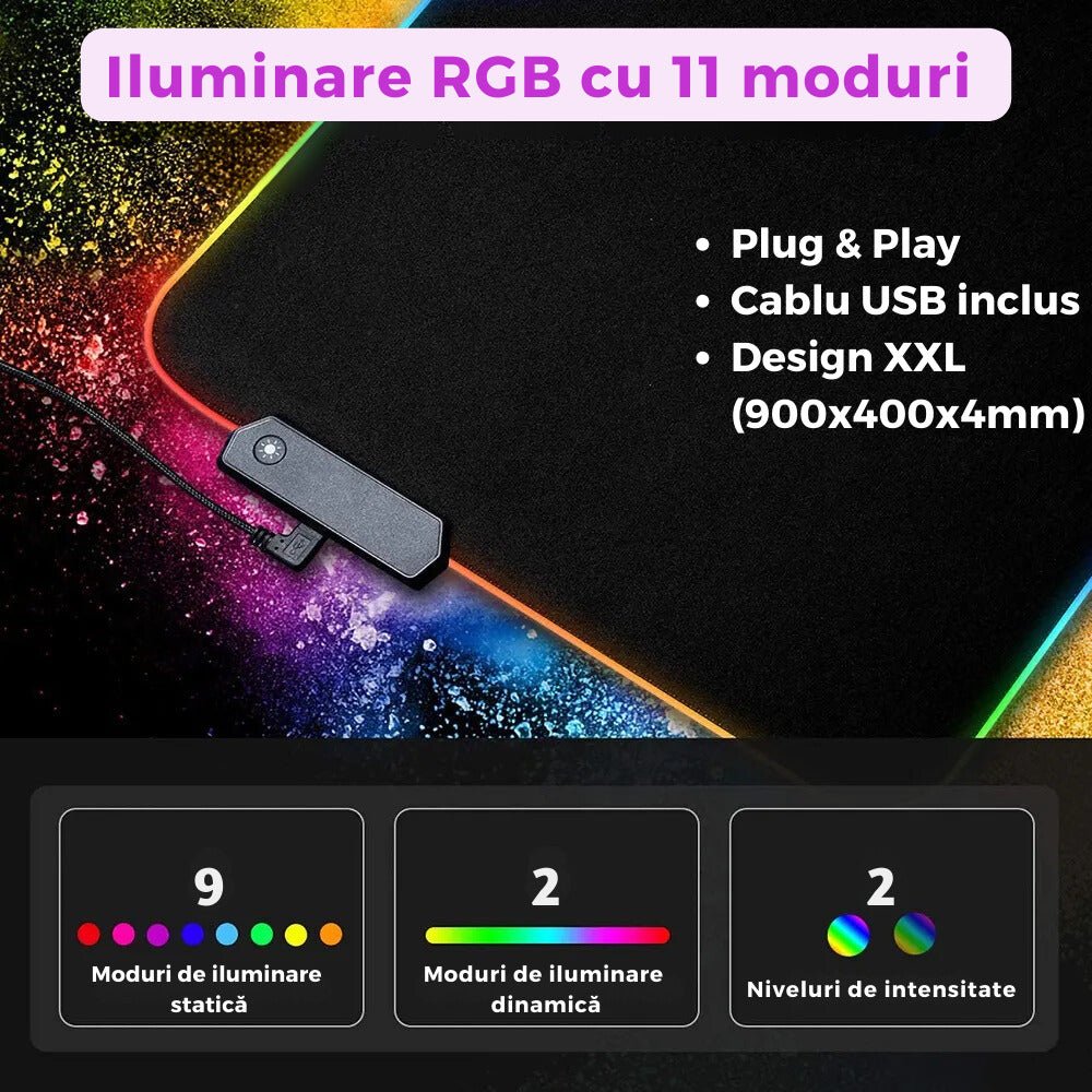 MousePad Gaming XXL cu Iluminare RGB, 11 Moduri LED - LUVLU® - MousePad - LUVLU®