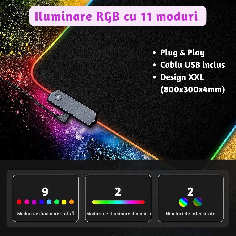 MousePad Gaming XXL cu Iluminare RGB, 11 Moduri LED - LUVLU® - MousePad - LUVLU®