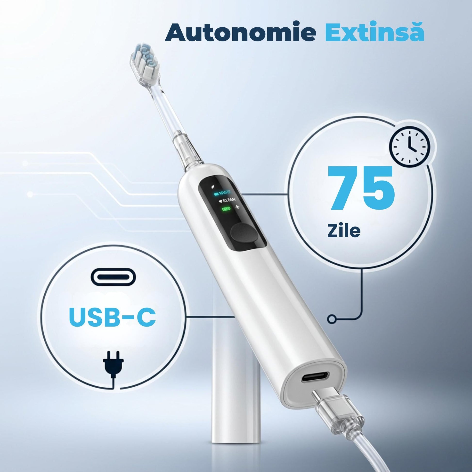 Periuță de dinți electrică sonică Luvlu cu autonomie 75 zile și încărcare USB Type-C universală