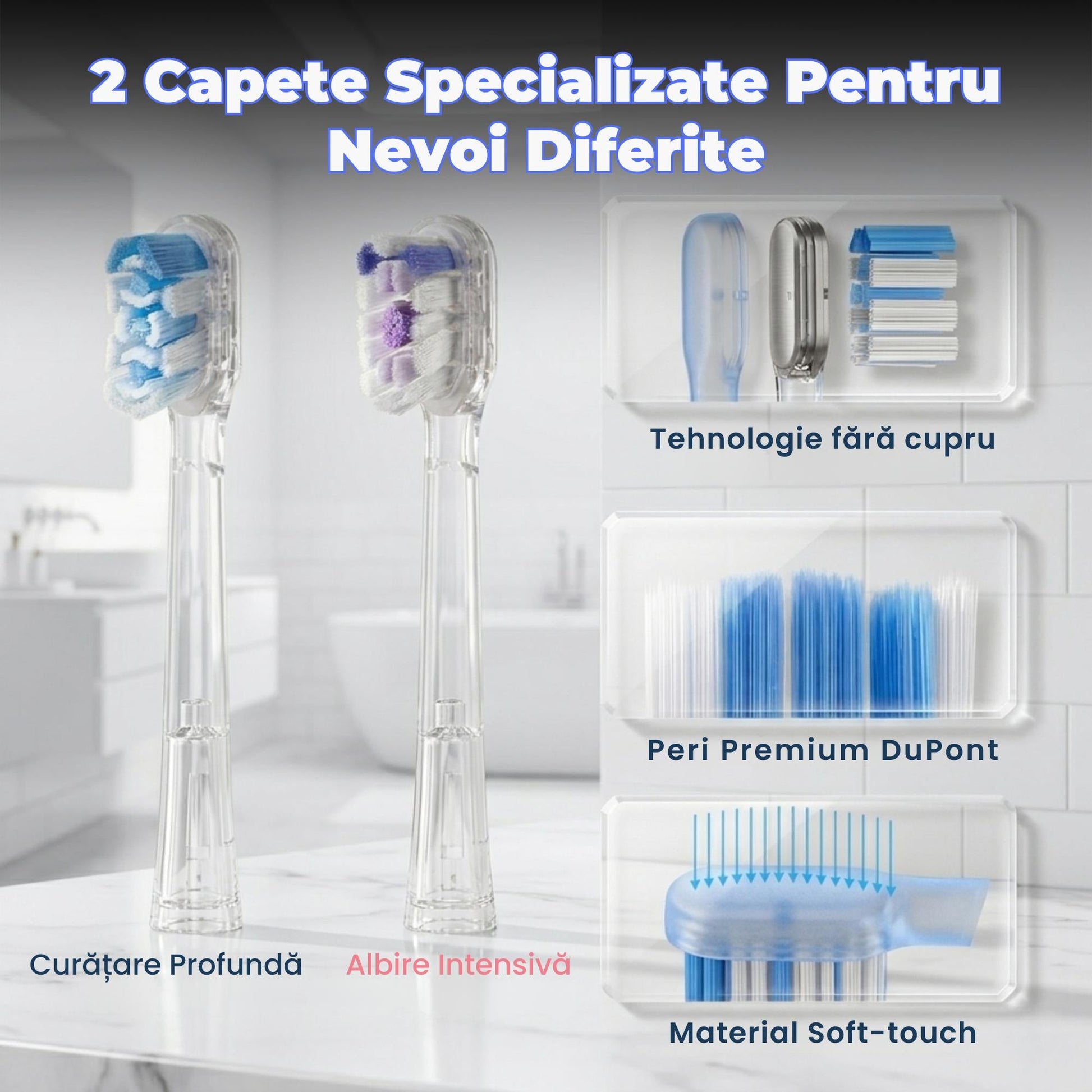 2 capete incluse periuță Luvlu - cap Super Clean pentru curățare profundă și cap Ultra Whitening cu peri DuPont