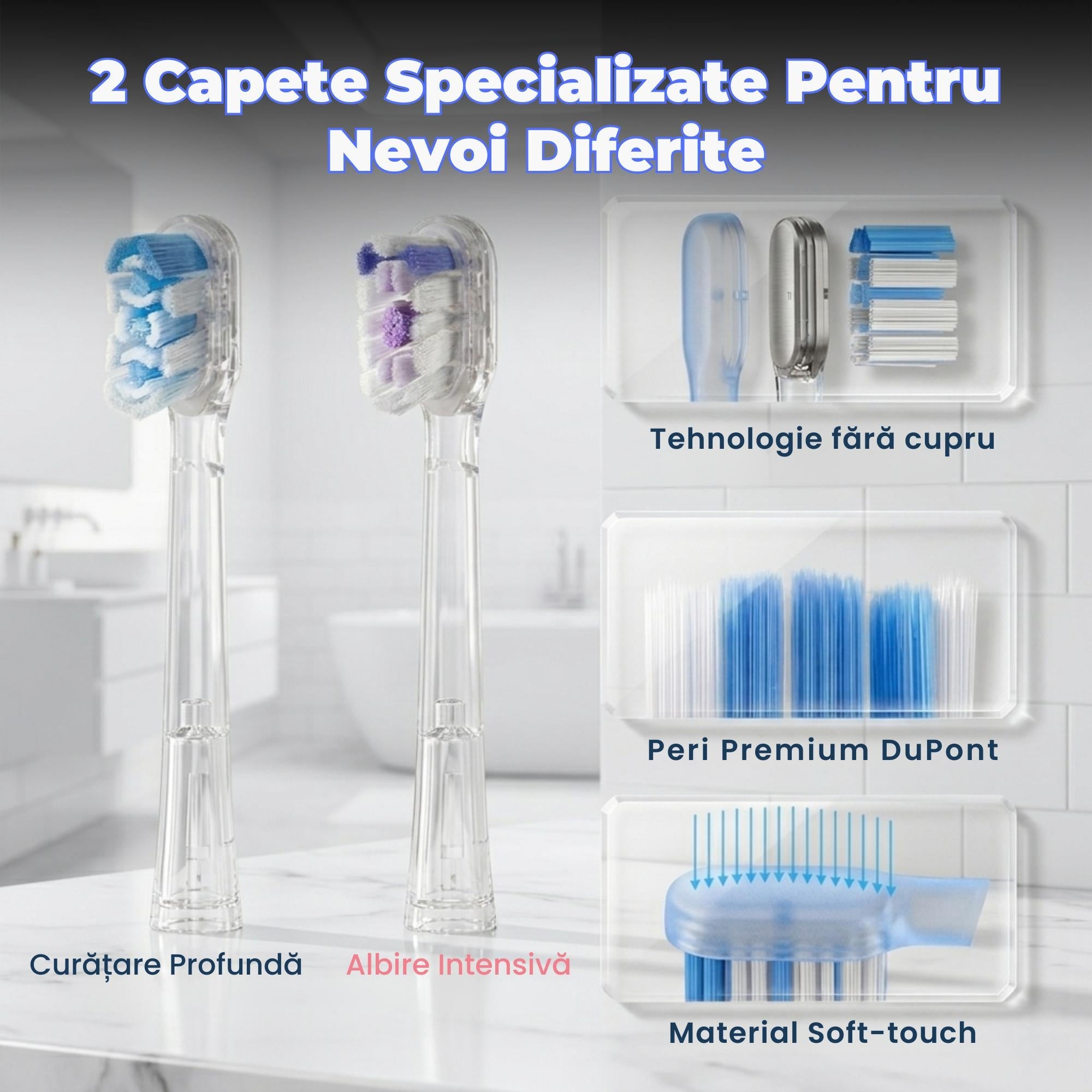 2 capete incluse periuță Luvlu - cap Super Clean pentru curățare profundă și cap Ultra Whitening cu peri DuPont