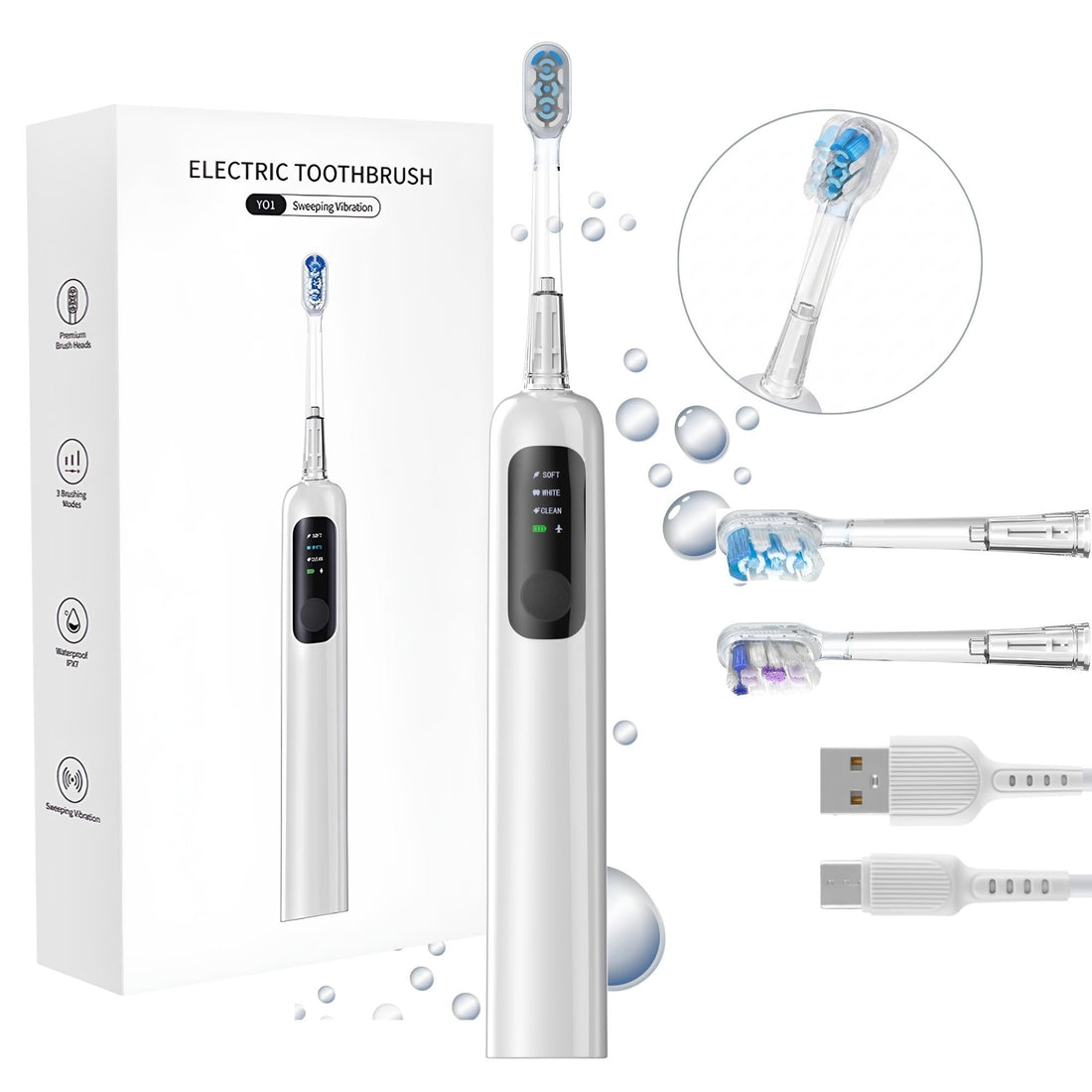 Pachet complet periuță electrică sonică Luvlu Sonic Pro Y01 cu 2 capete și cablu USB Type-C